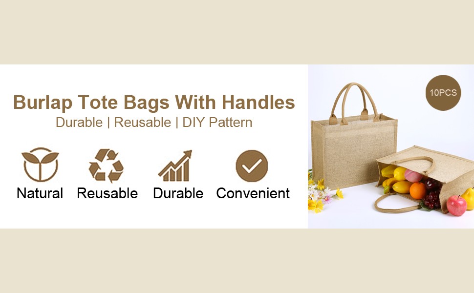 10 Pack Reusable Jute Tote Bags with Handles, 15.1X11.8X5.5 Inch Large Natural