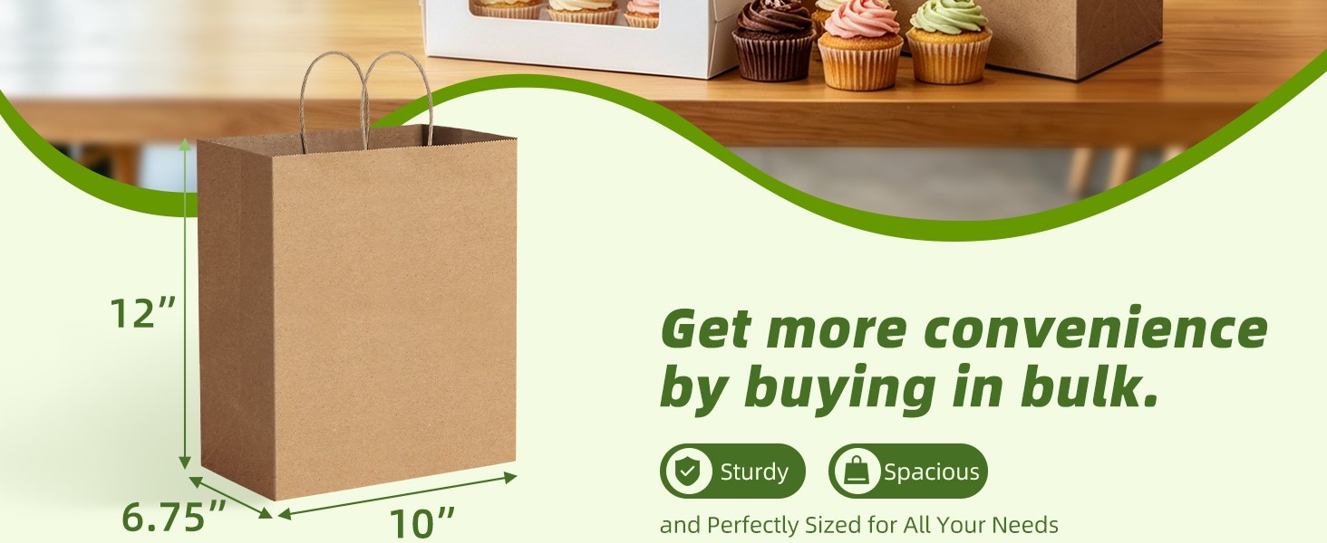 10×6.75×12 100Pcs Brown Paper Bags with Handles Bulk, Kraft Shopping Merchandise