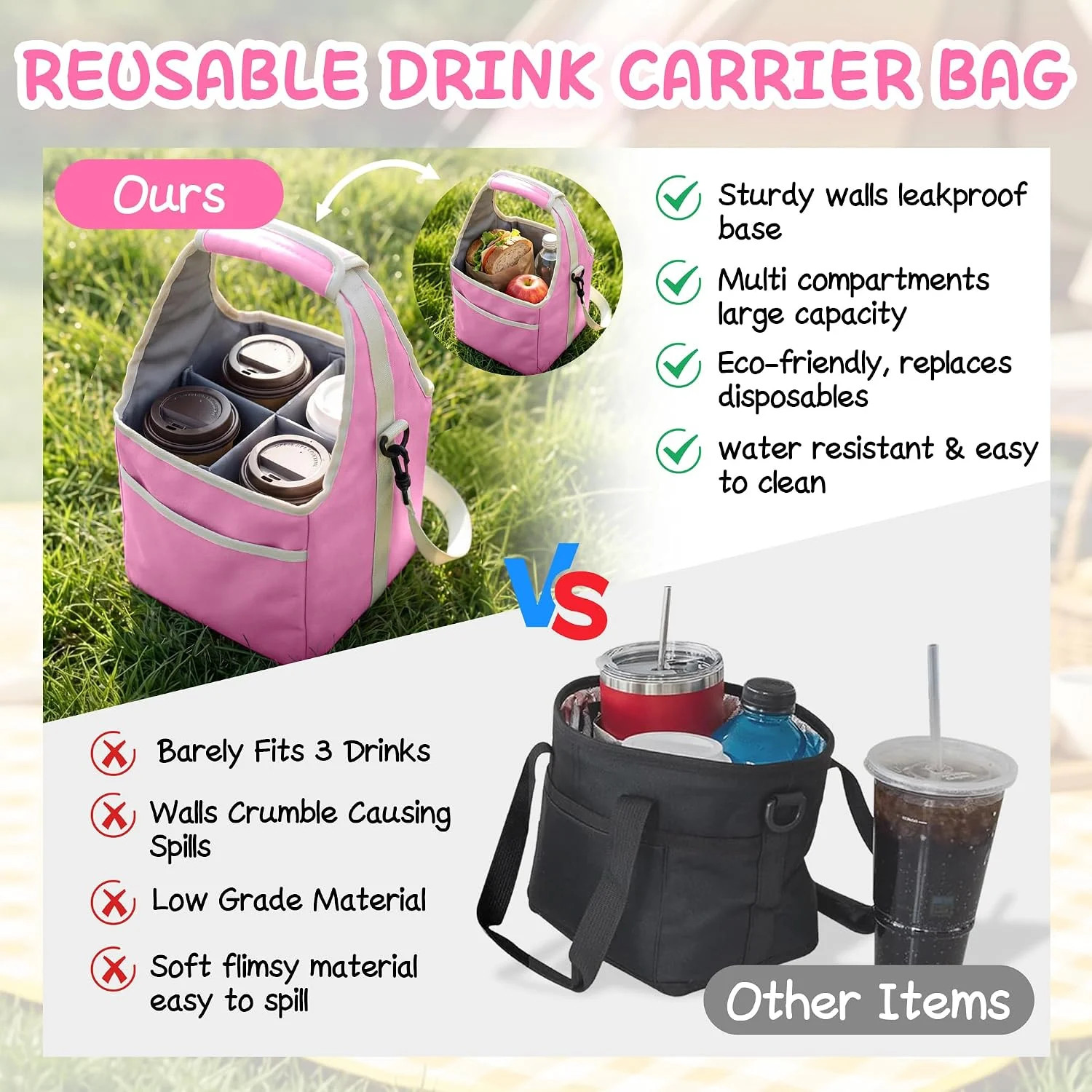 Reusable Drink Carrier Tote Bag with Handle Family Size 4 Compartment Water Bott