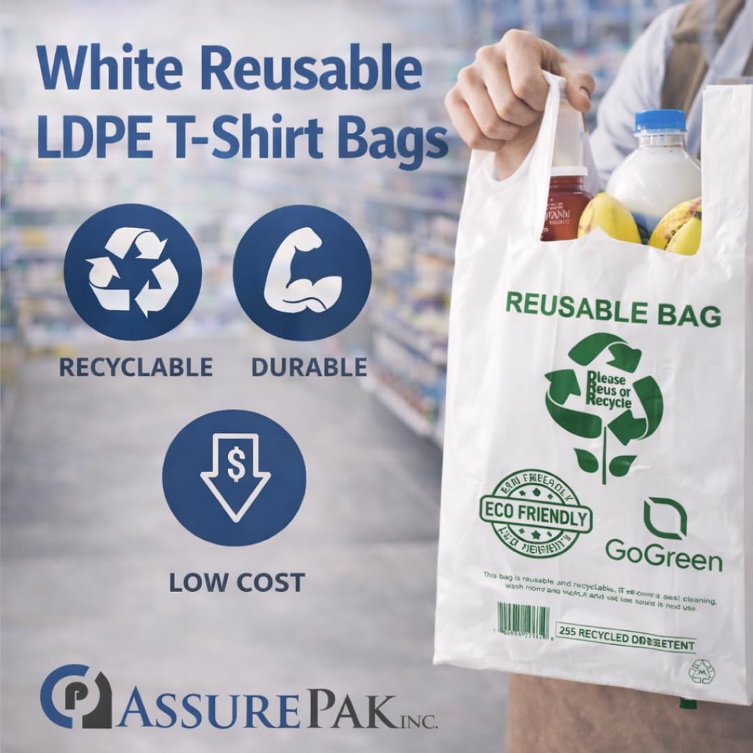 ASSUREPAK Reusable White PP Non-Woven Bags – 200 Pack Bulk – 12” x 7” x 22” -…