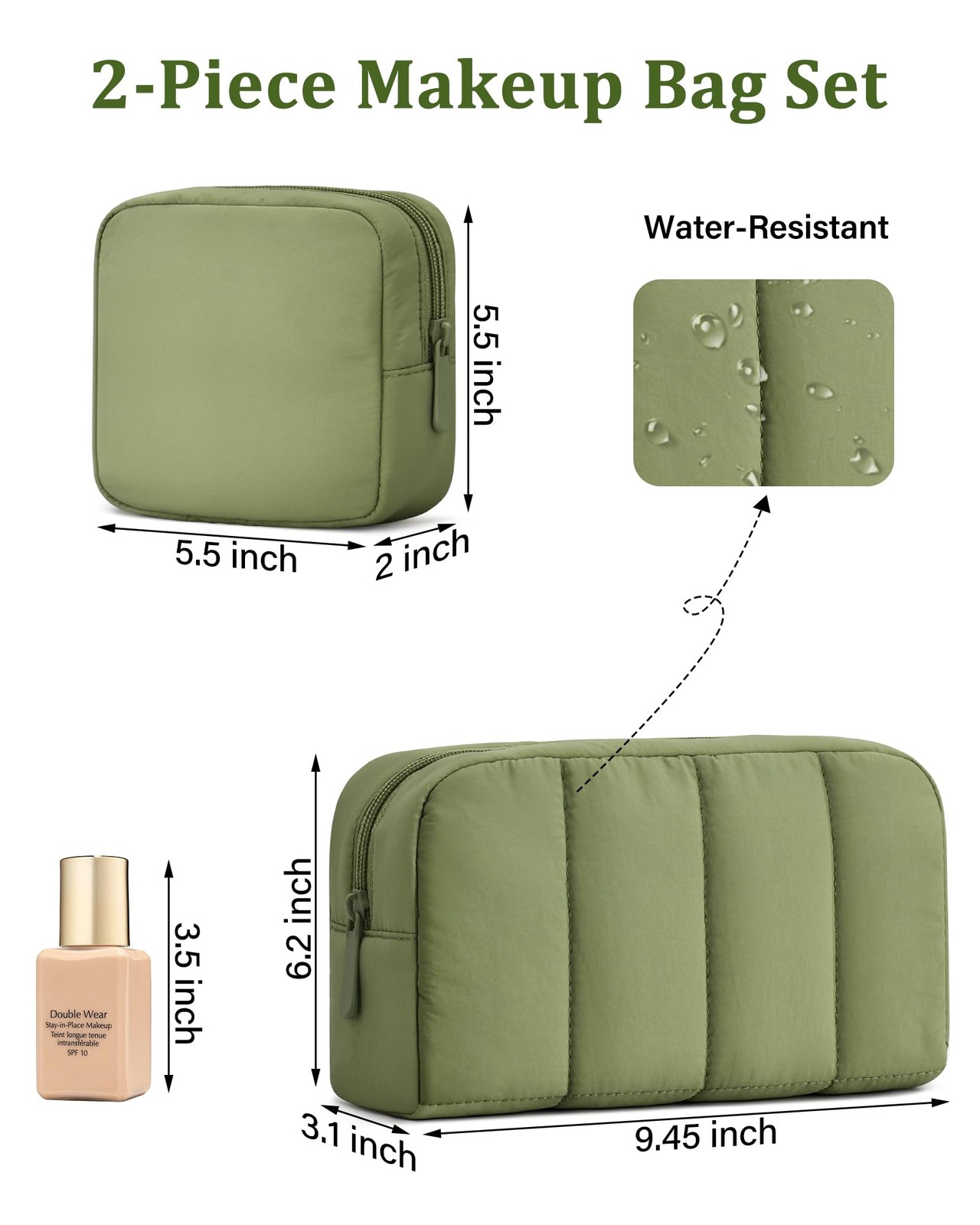 oscaurt 2 Pcs Makeup Bag Travel Toiletry for Women Puffy Army Green-Set