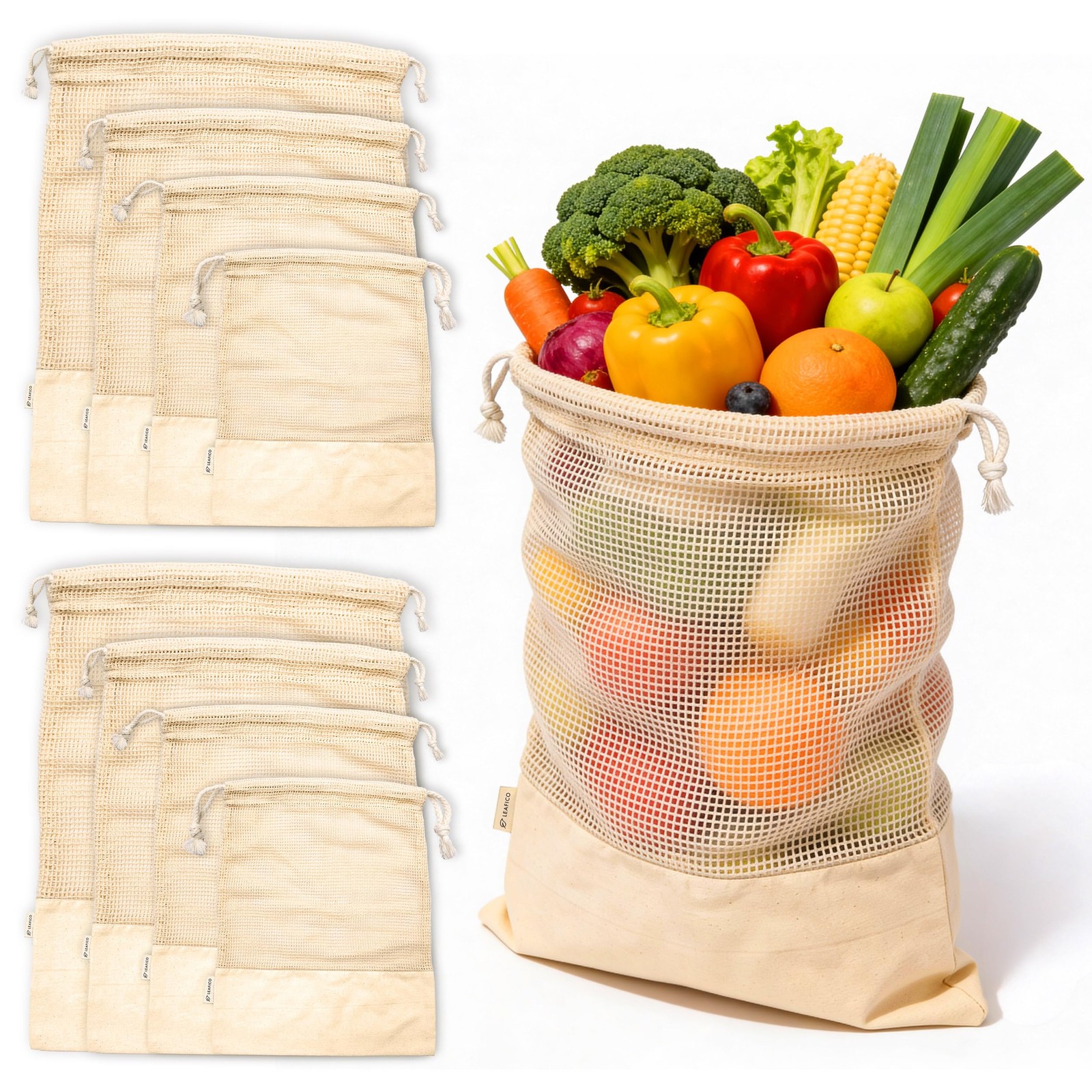 LEAFICO Reusable Produce Bags Mixed Pack – 8 (S,M,L,XL), Natural Cotton