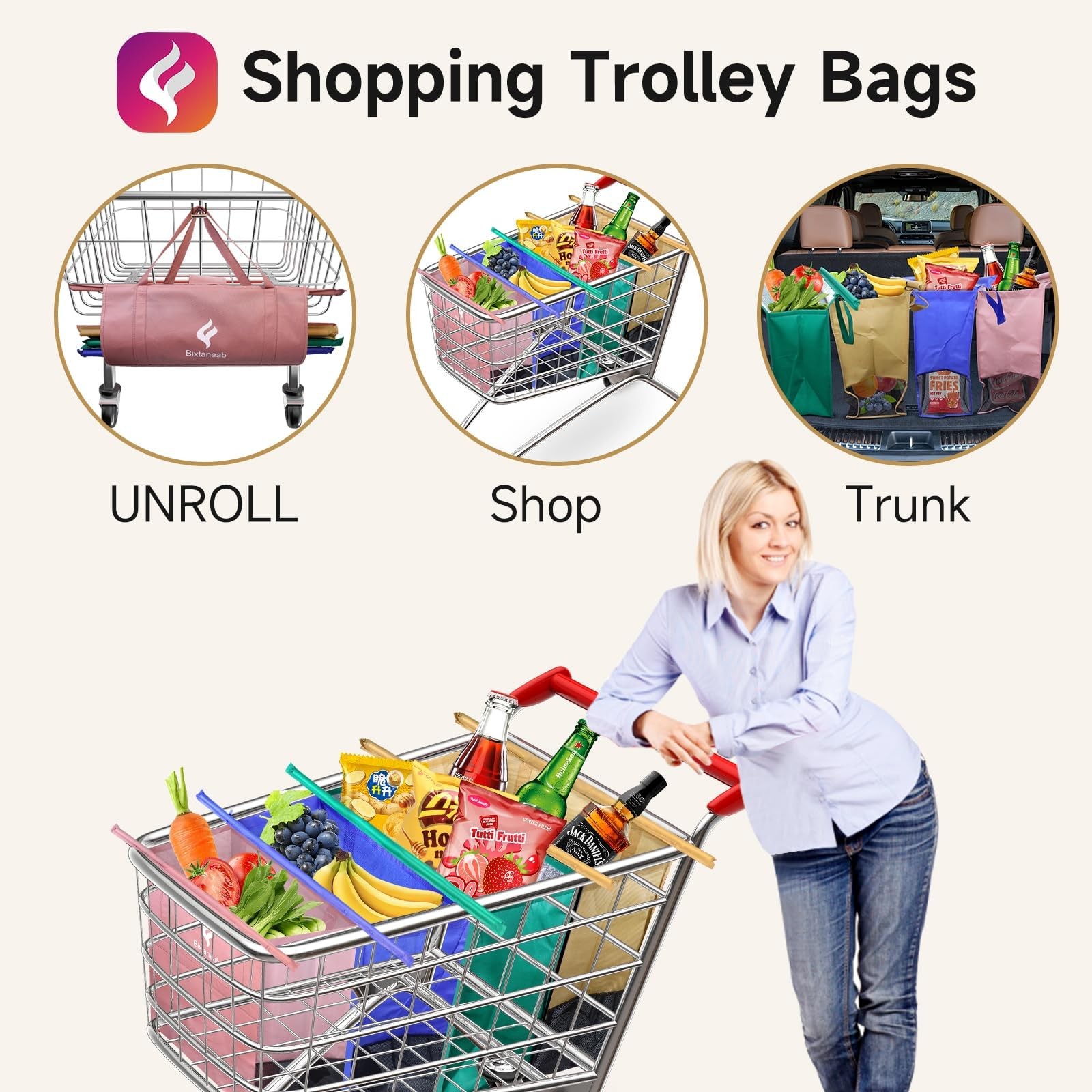 Shopping Cart Bags for Groceries, 4-Pack Collapsible Reusable Grocery Cart Ba…
