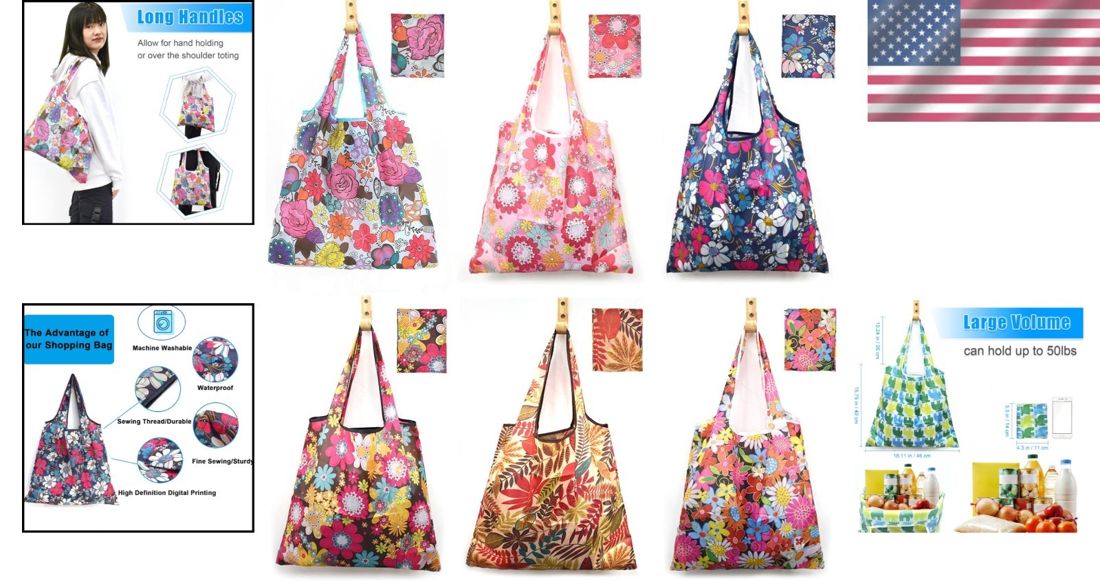 Stylish 6-Piece Foldable Grocery Bags – Washable 50LBS Ripstop Nylon Totes