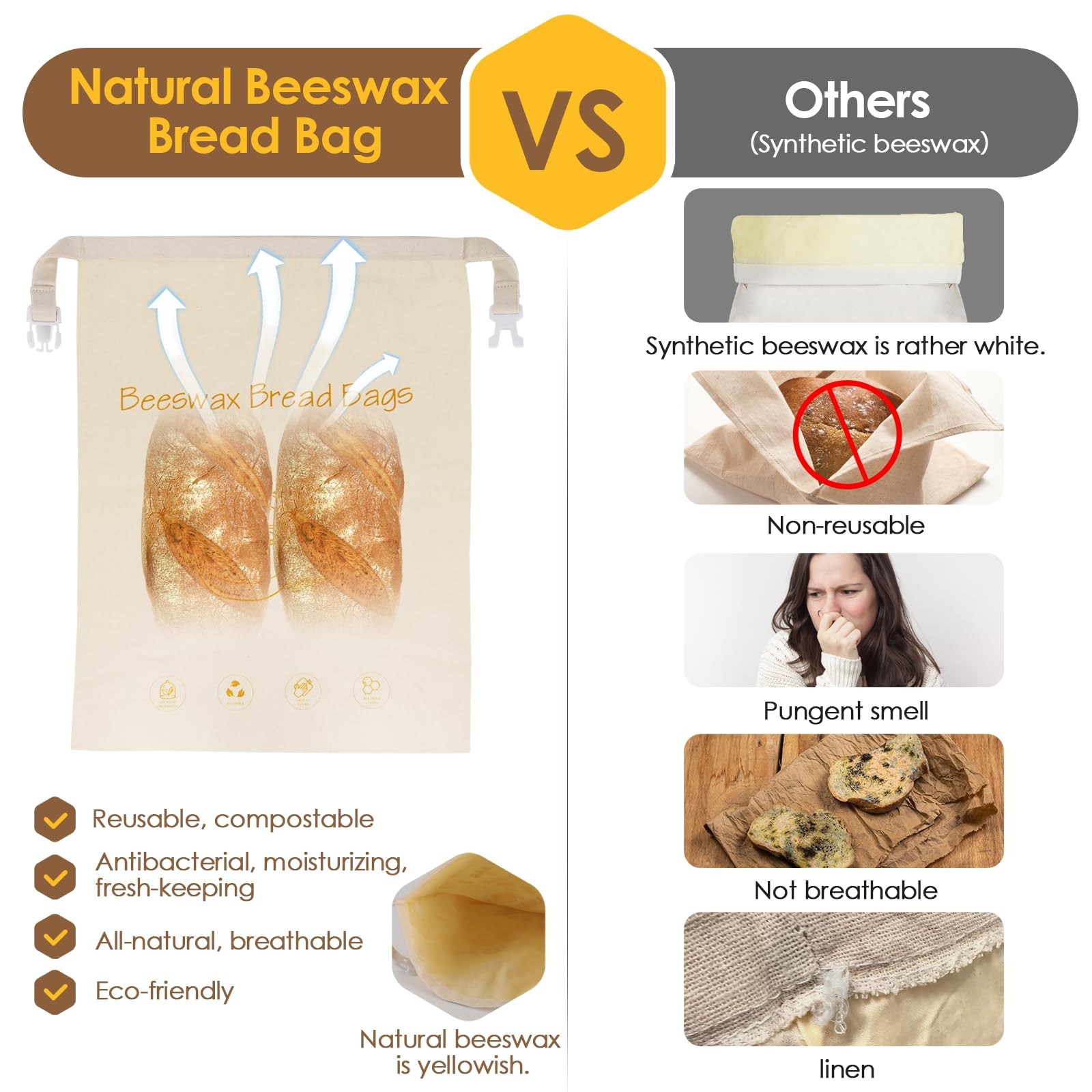 2-Pack Reusable Beeswax Bread Bags – Large 17×13 Inch for 13×17 inches, Grey