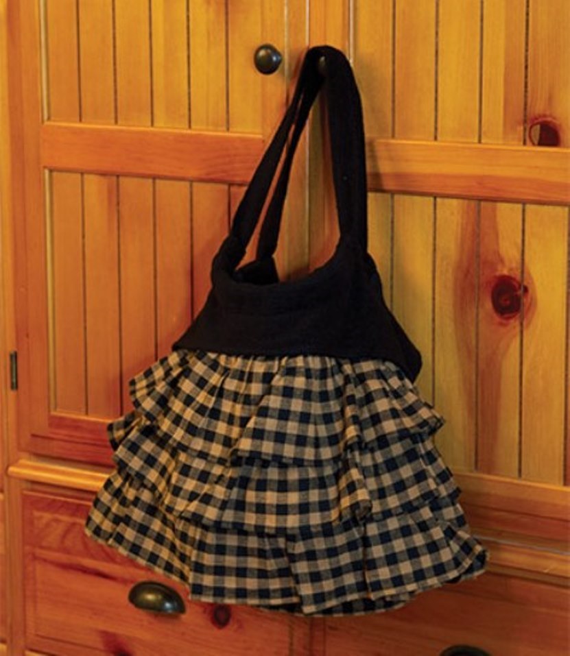 RUFFLE STYLE BLACK KHAKI GINGHAM CHECK HANDBAG TOTE COTTON FABRIC 9″ X 17″