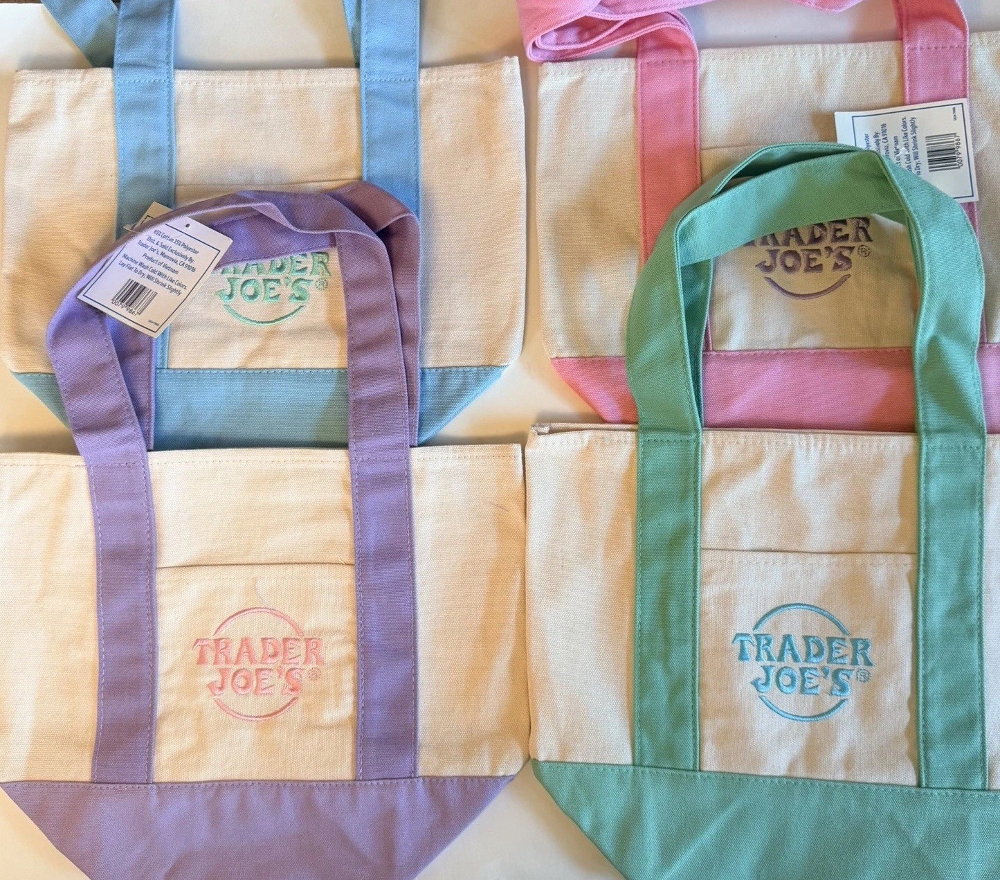 New Trader Joe’s Canvas Tote Bag Set 4 Mini Pastels & 1 Large Lavender Tote NWT