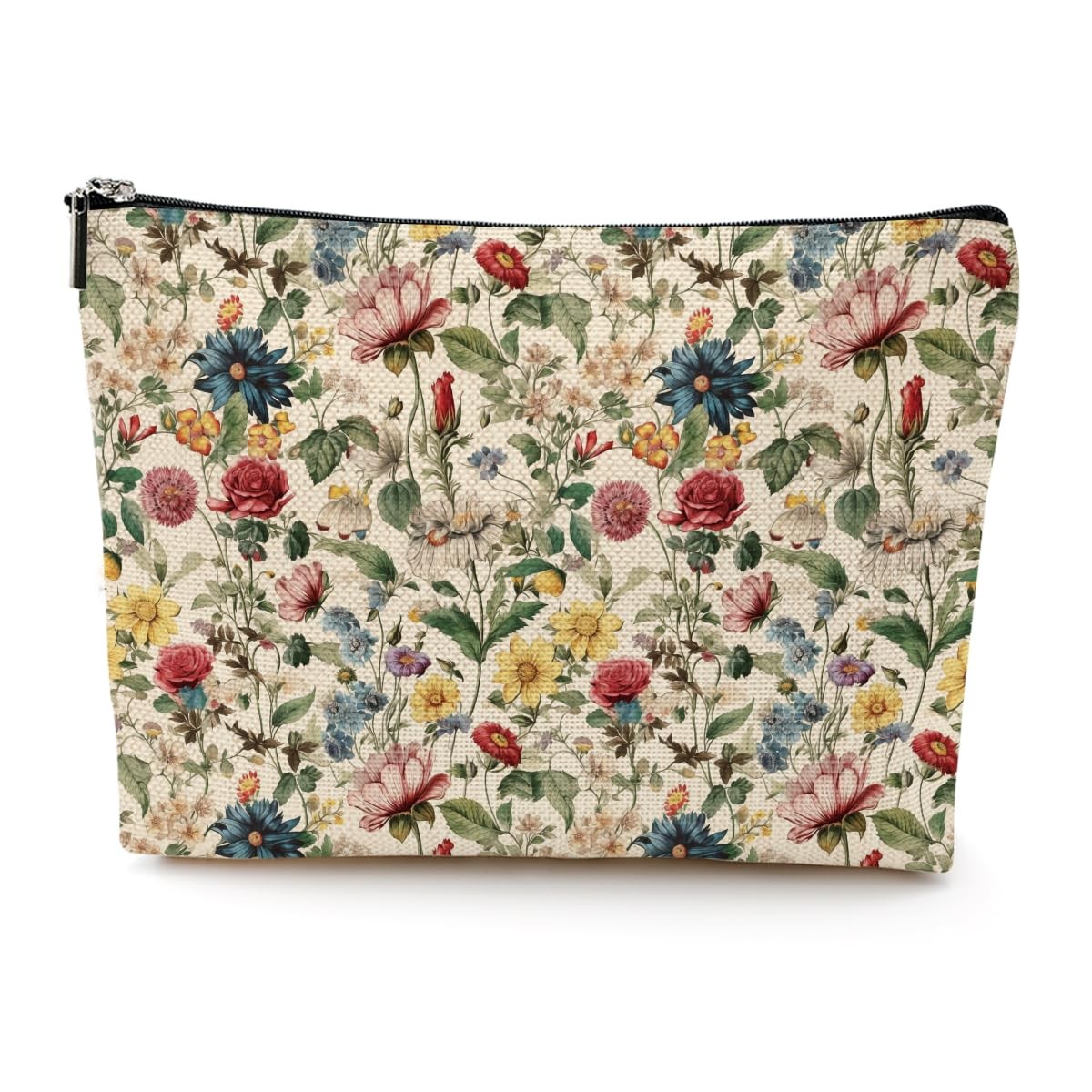 Vintage Floral Makeup Bag Colorful Wildflowers 9.7×7 Inch, 1