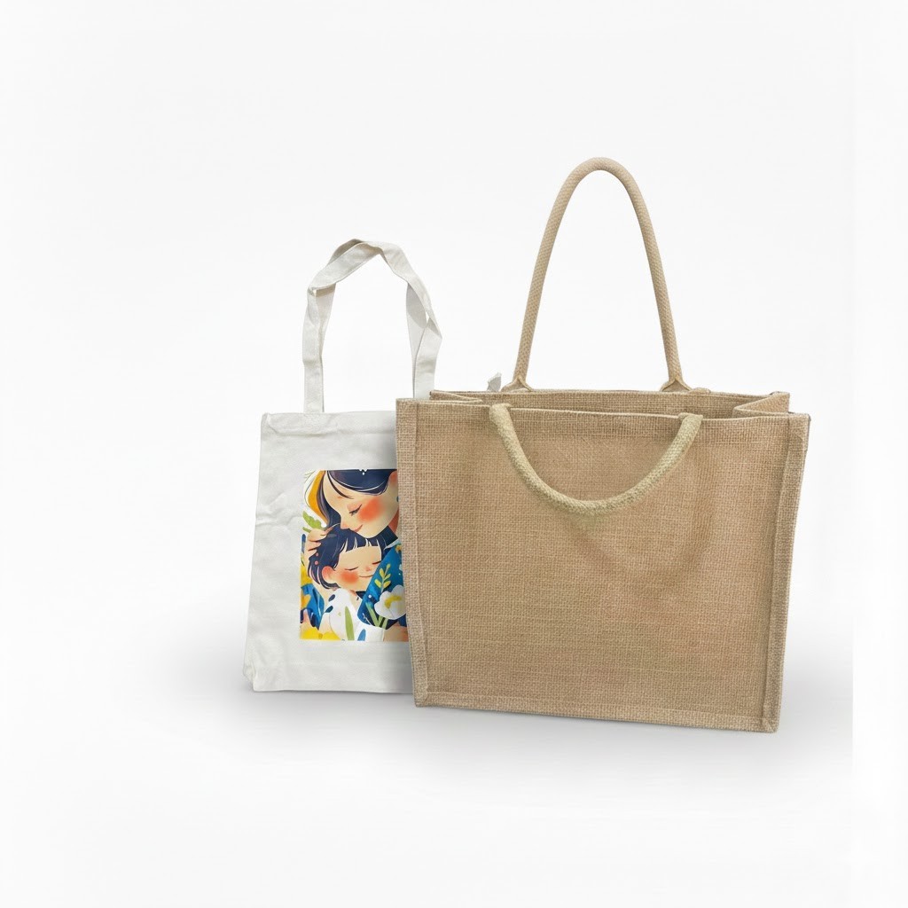 Jute & Cotton Canvas Tote Bag Combo Eco Friendly Reusable Shopping Bags (2 Pack)