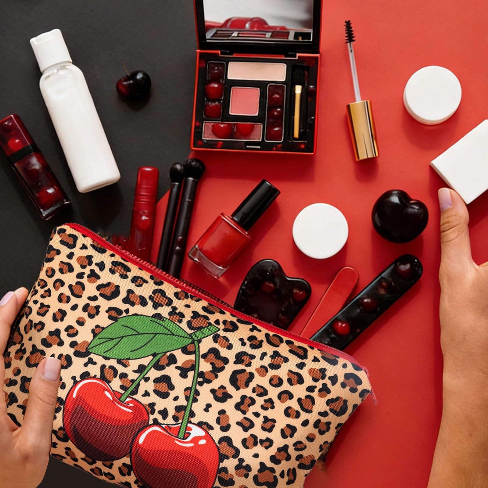 Qeinwha 9 Pcs Cheetah and Cherry Makeup Bag 8.7 x 6.3 inches, Multicolor