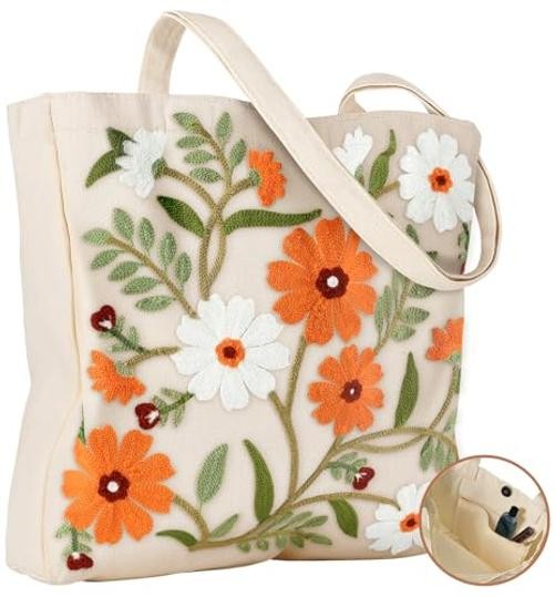 Embroidery Canvas Tote Bag for Women – Reusable Totes with Pocket Leaf Flower