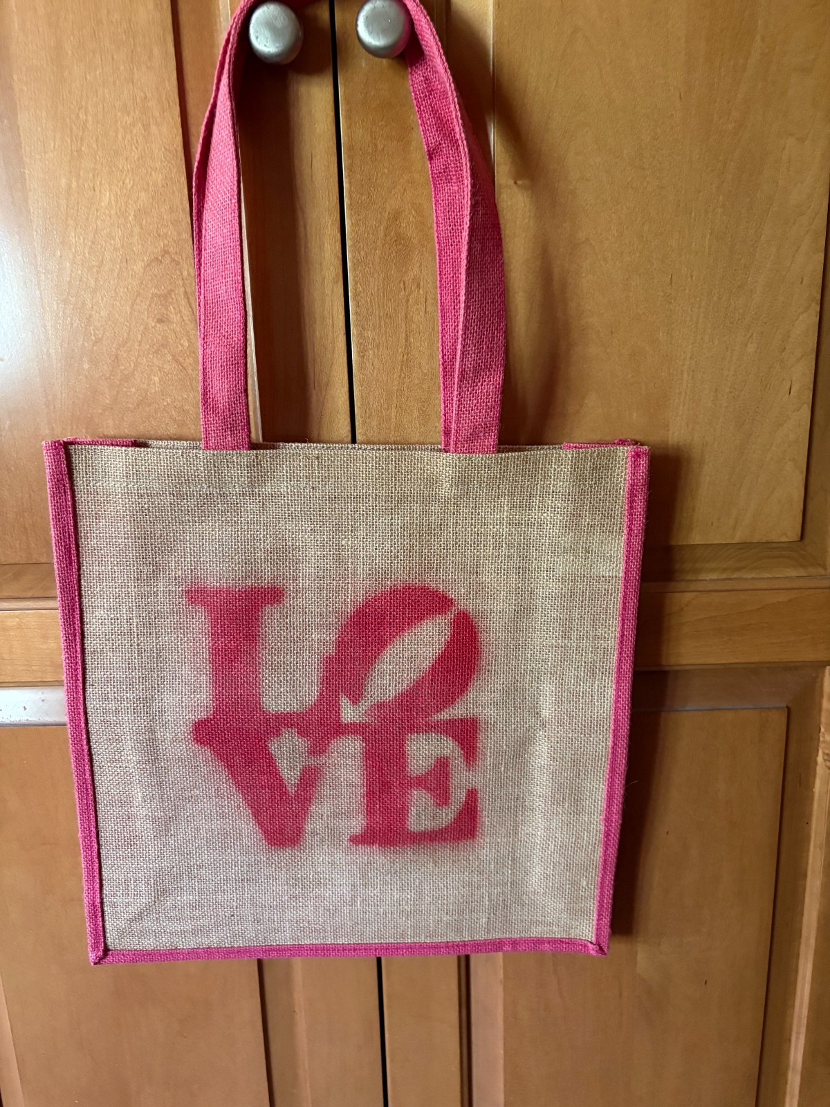 LOVE Jute or Burlap Tote Shopping Bag – 14 X 14” – Retro