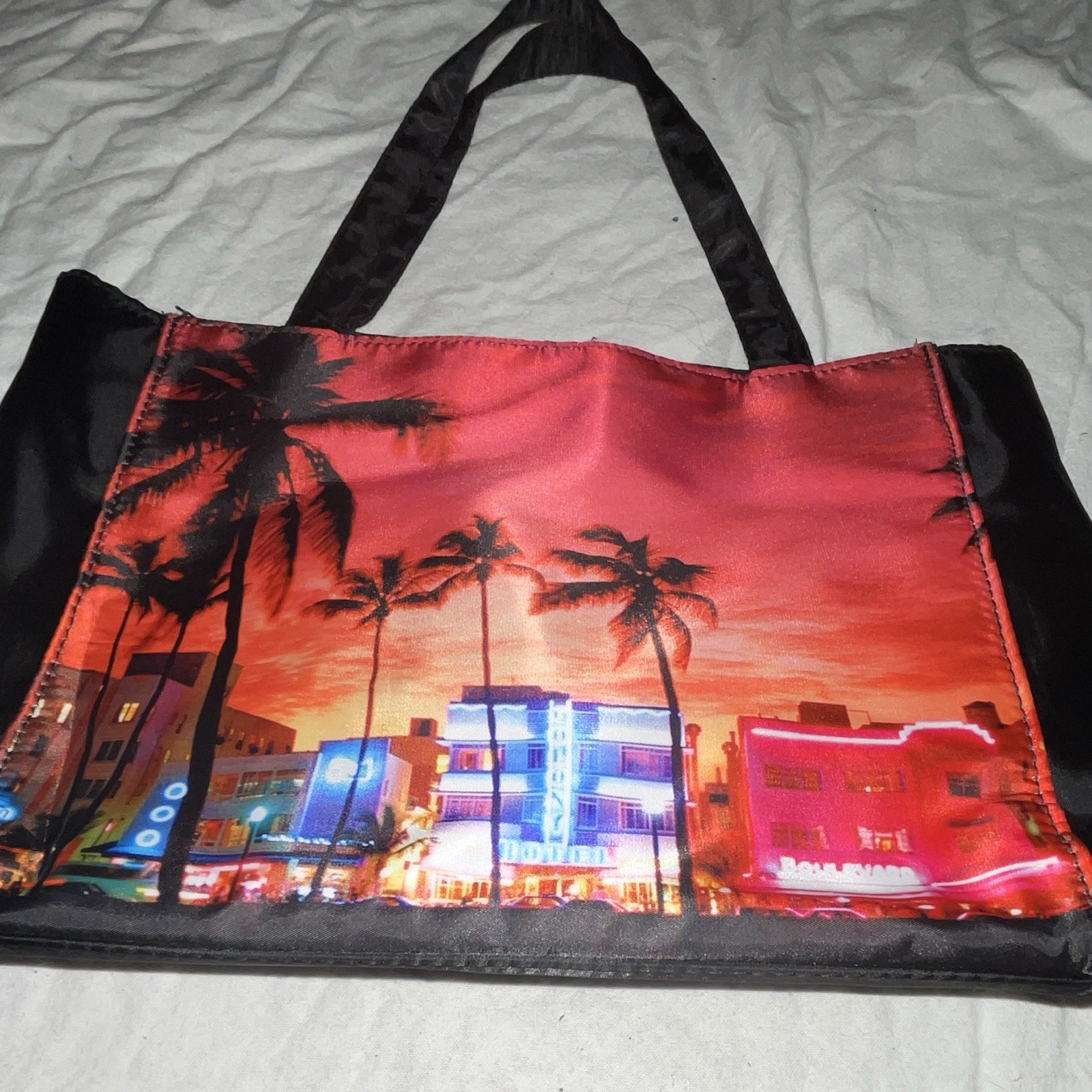 Nylon Scenic Tote Bag Black/Red/Orange Sunset Palm Tree Print Zip Top 15×13