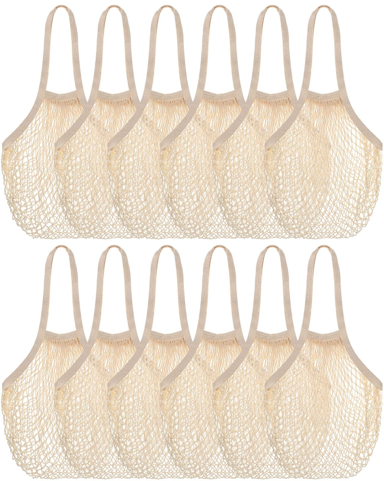 12 PCS Beige Reusable Cotton Mesh Grocery Bag Net Shopping Beach Organizer