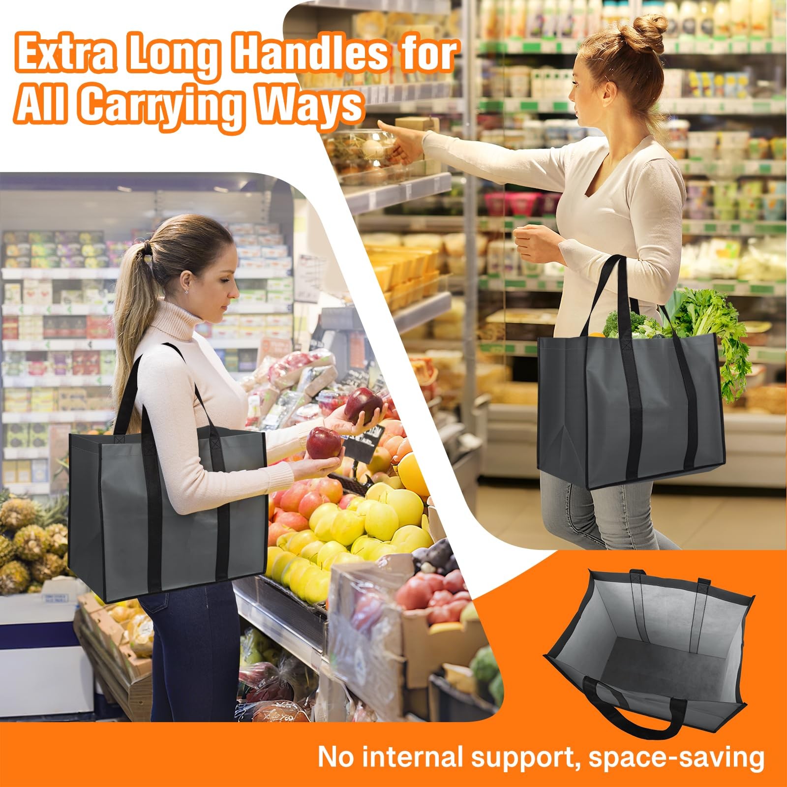 Reusable Grocery Bags with Handles – 3 Pack, 35L Large 3 Gray
