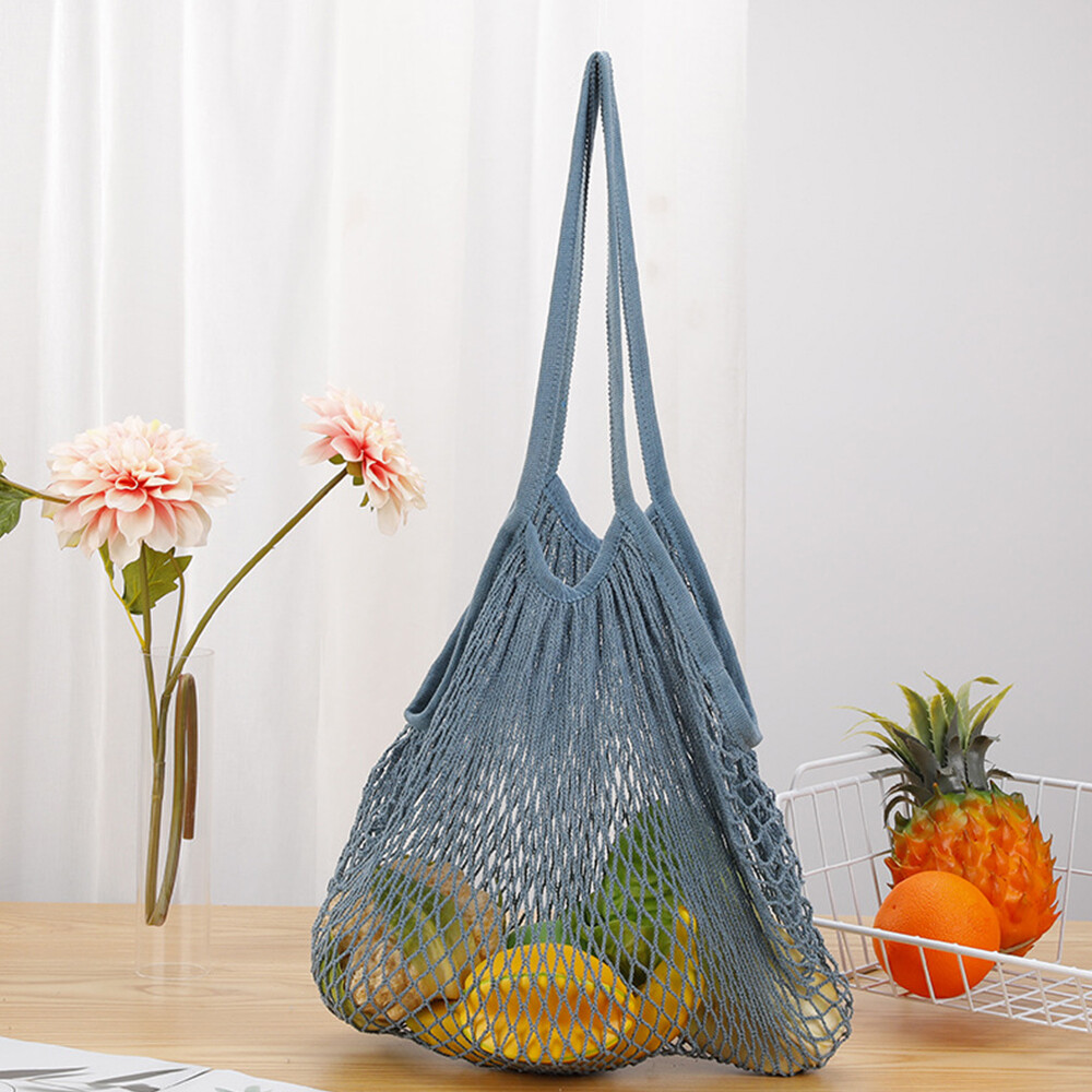 Woven Cotton Mesh Bag Washable Cotton Mesh String Handbag Long Handle Net Tote
