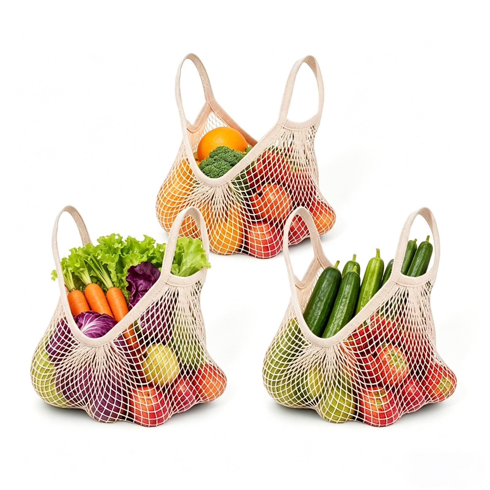 Beige Reusable Cotton Mesh Grocery Bag 14 x 13.38 Inch
