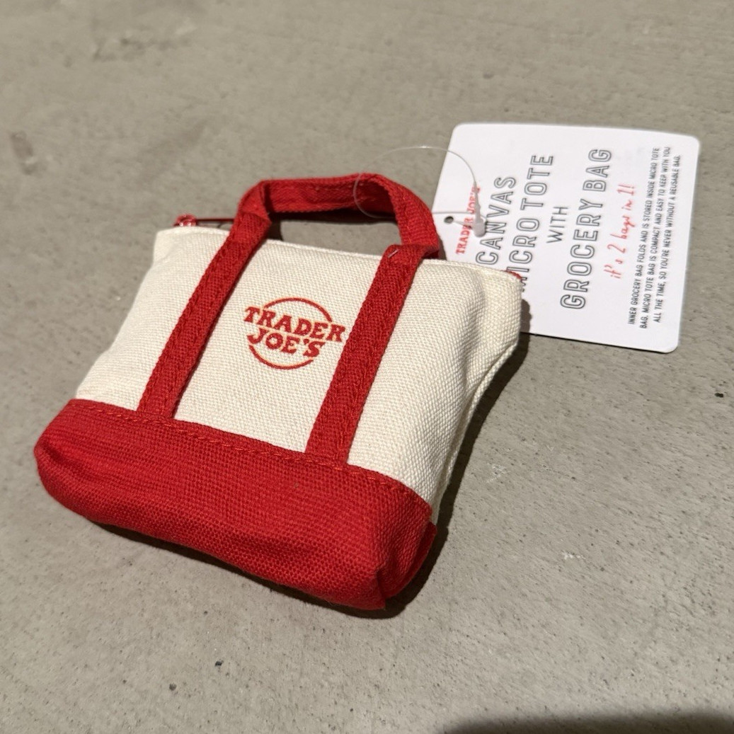 Trader Joe’s Canvas Micro Tote w/ Grocery Bag 2-Piece Set Foldable Red Beige