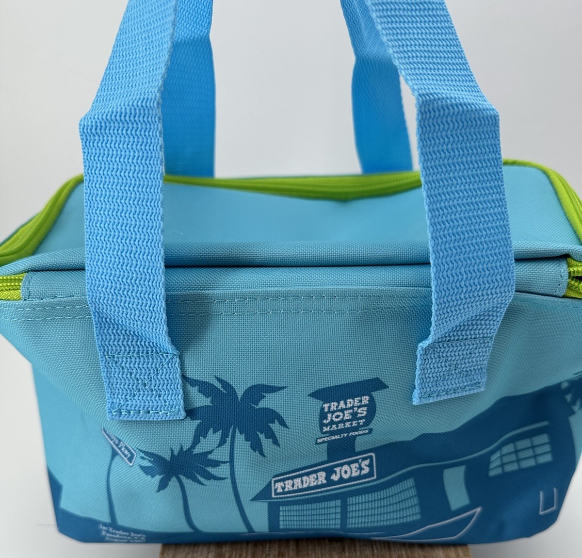 Trader Joe’s NEW Mini Insulated Tote Bag Blue/Lime Green Holds Up To 1.5 gallons
