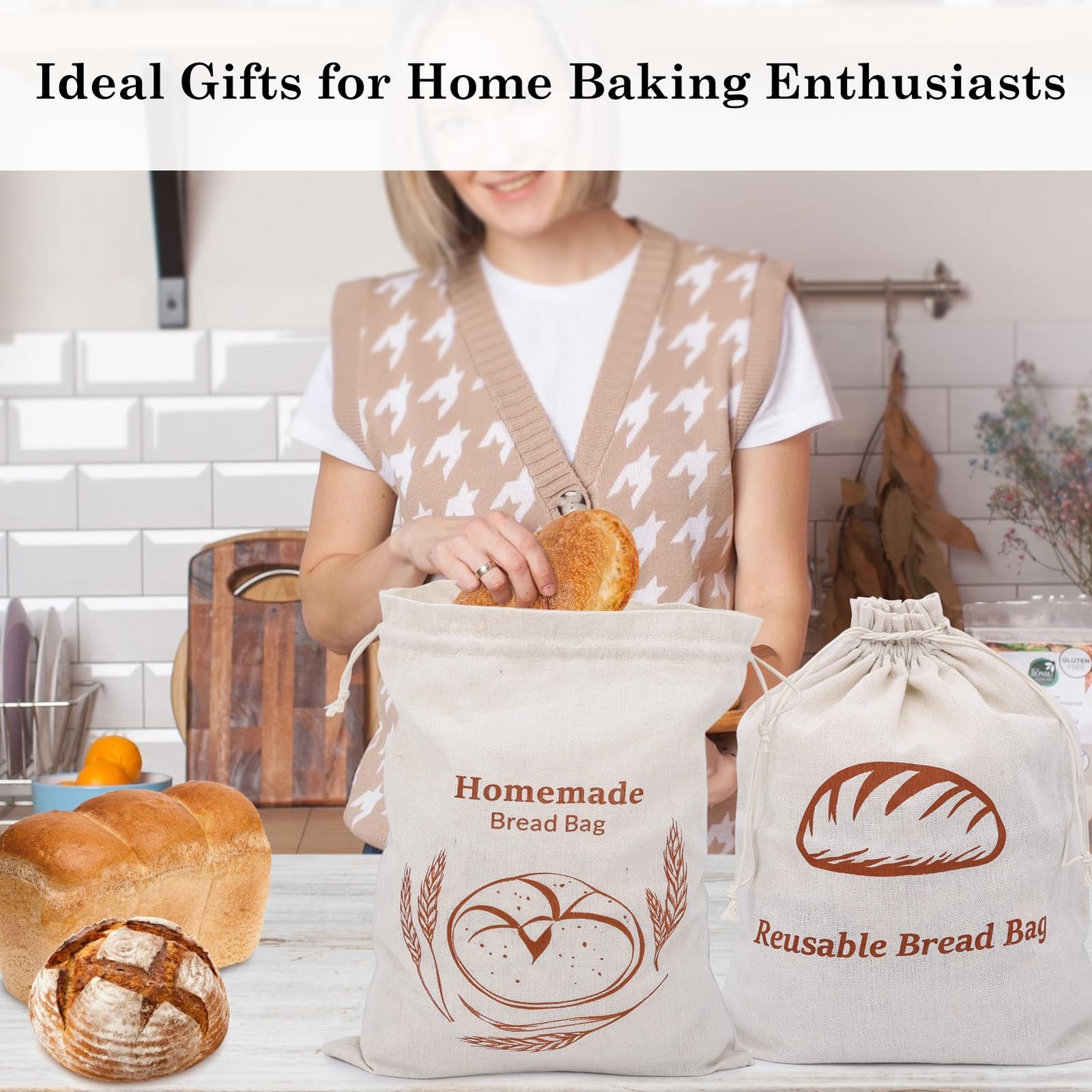 2 Pack Reusable Linen Bread Storage Bags with 15×12 inches, 2 patterns