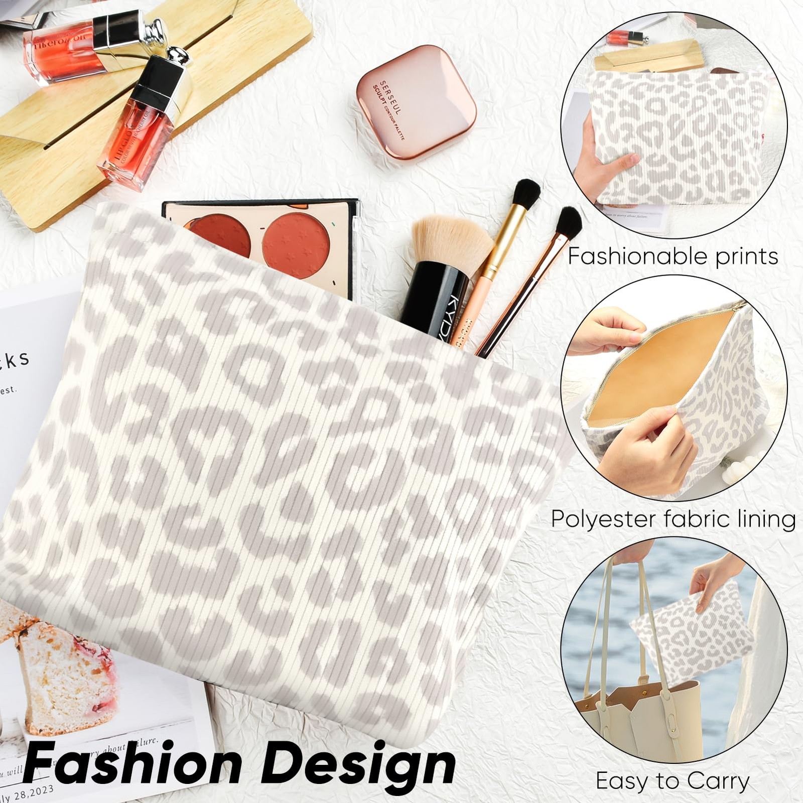 Ksriylm Makeup Pouch for Women Small Make Up Bag 10.5×7.87in, Grey Leopard