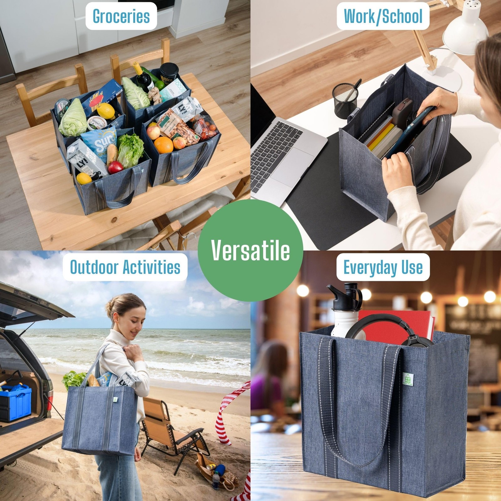 4 Pack Reusable Grocery Shopping Bags, Medium Tote Bag w/Handle & Hard Bottom