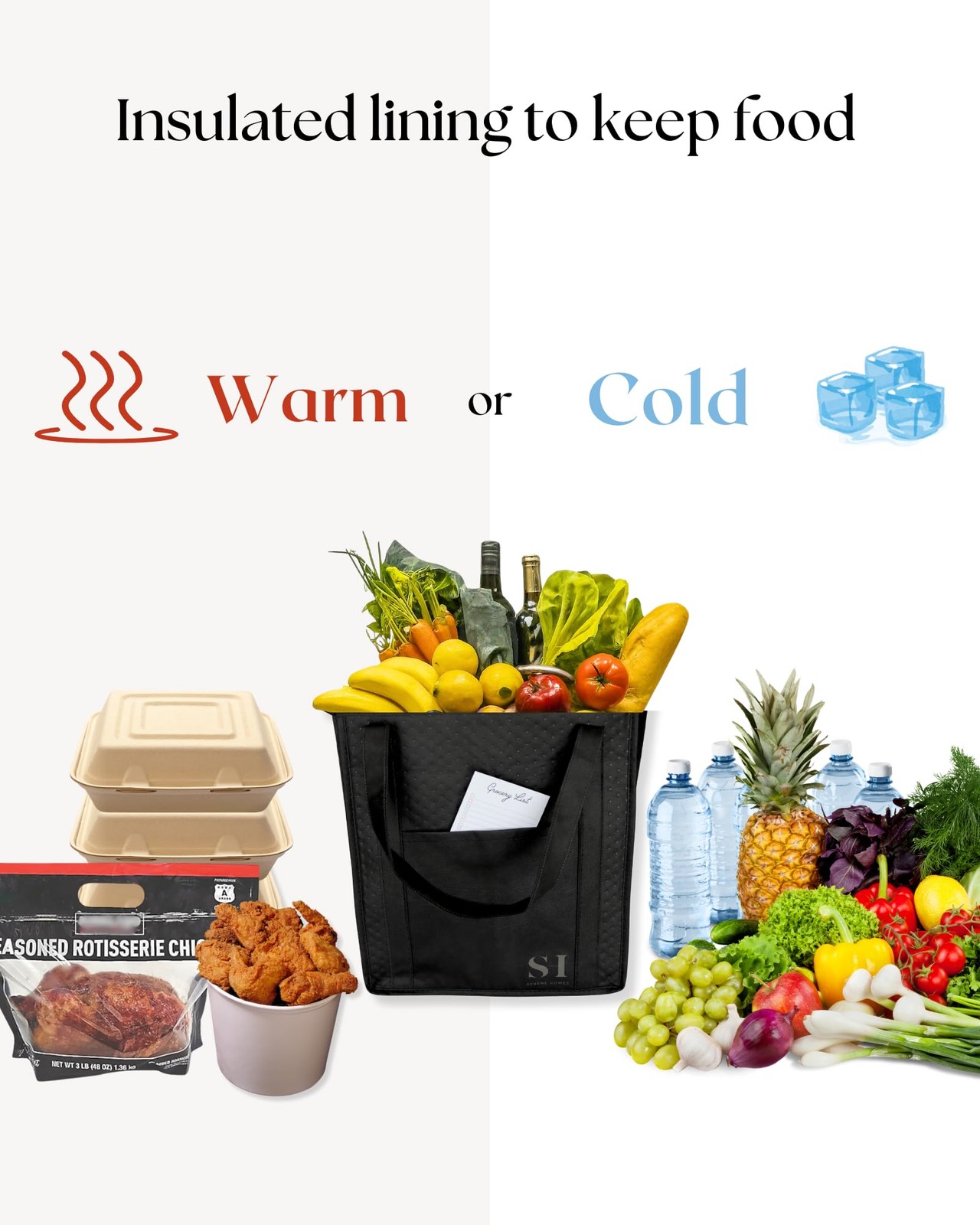 Black Insulated Grocery Bags, 4 Pack Reusable Shopping Bags with Zippered Top