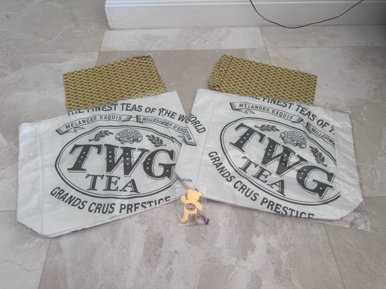 TWG Tea 2 Reusable Canvas Tote Bags & Teddy Bear Ornament & Logo Tissue Paper