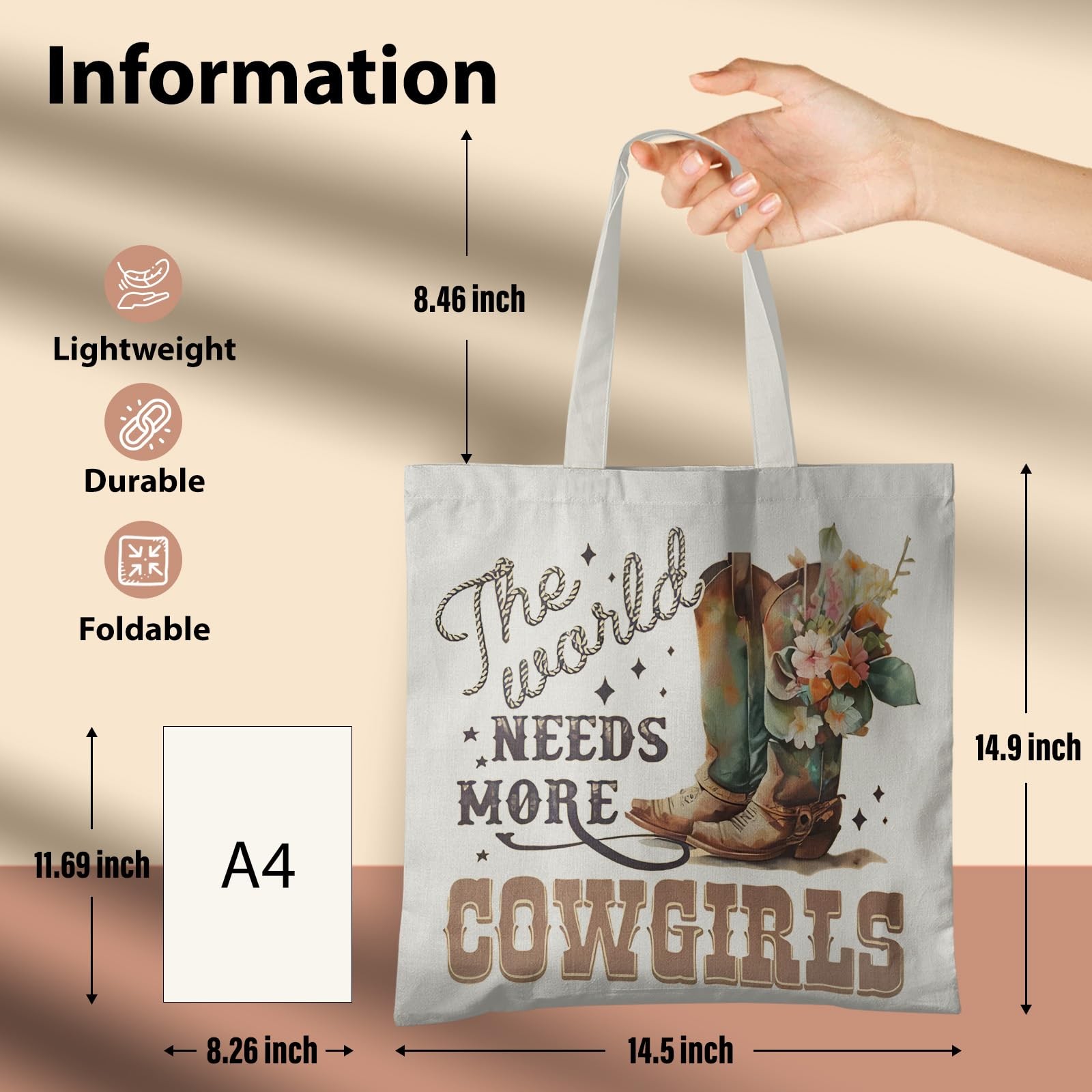 Veqzc Cowgirl Tote Bag, White, 15″ x 13.3″ 25.5″, Women’s One Size, Cowgirl3