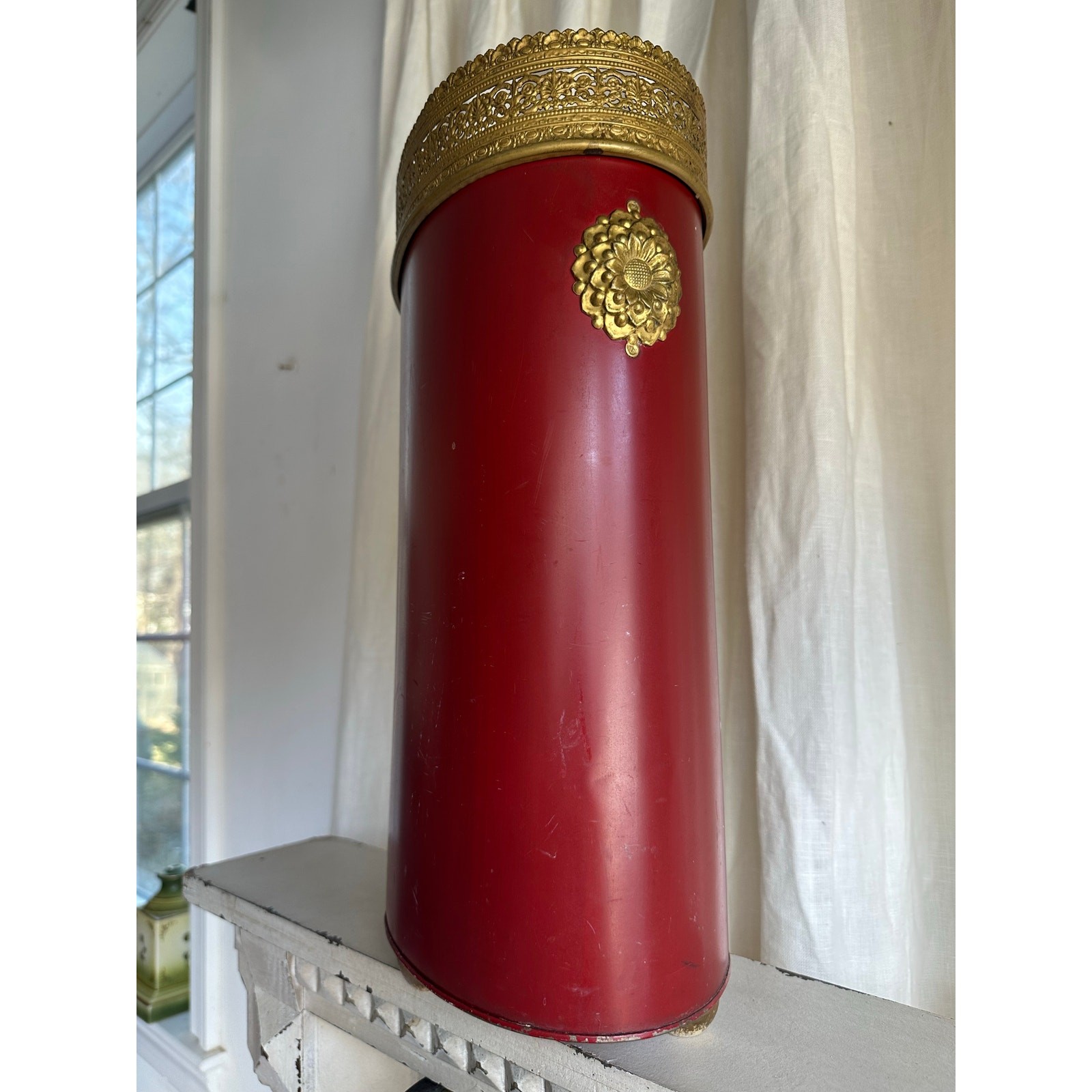 Vintage Hand Painted Trash Can Metal pagoda Chinoiserie tole burgundy red gold