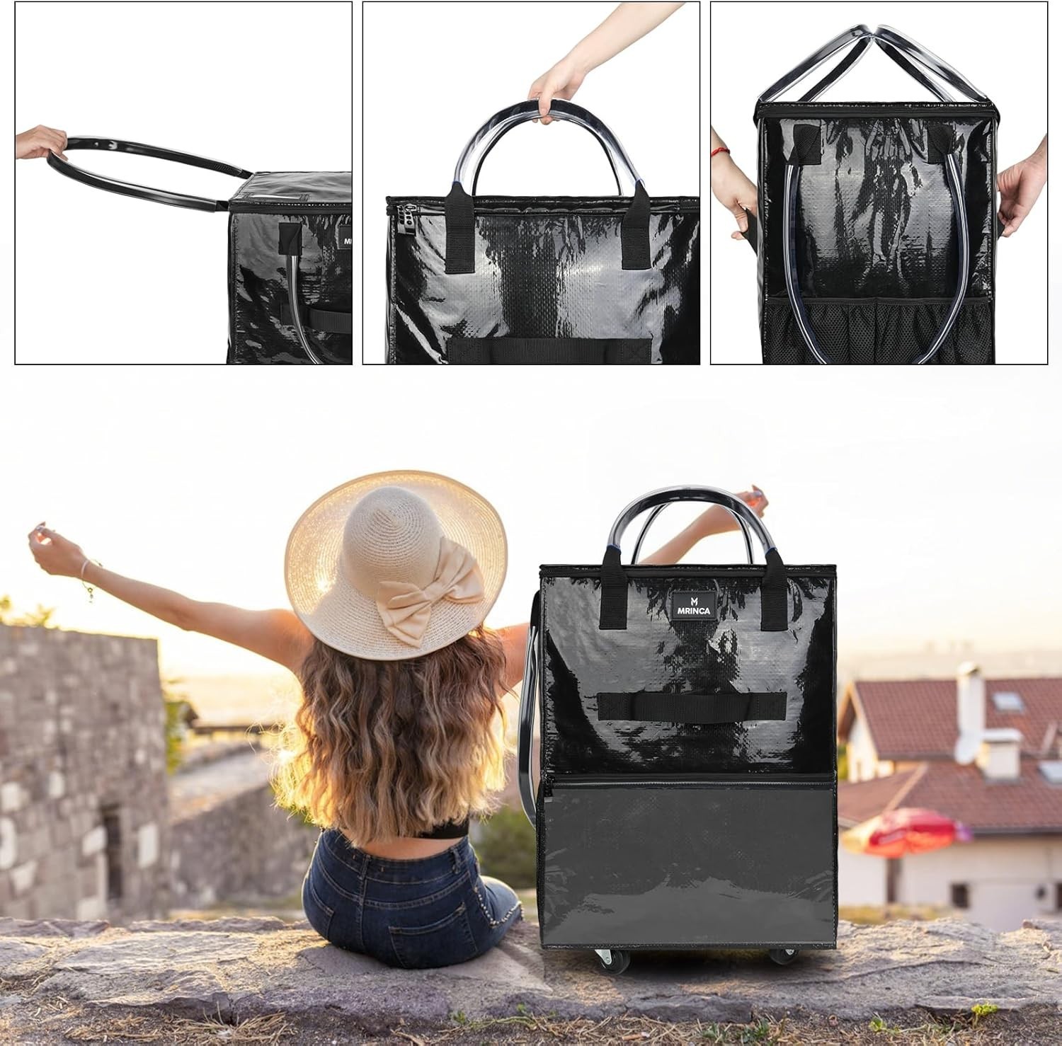 MRINCA Large Reusable Shopping Bag with Wheels Black Multiple Pockets Zippered
