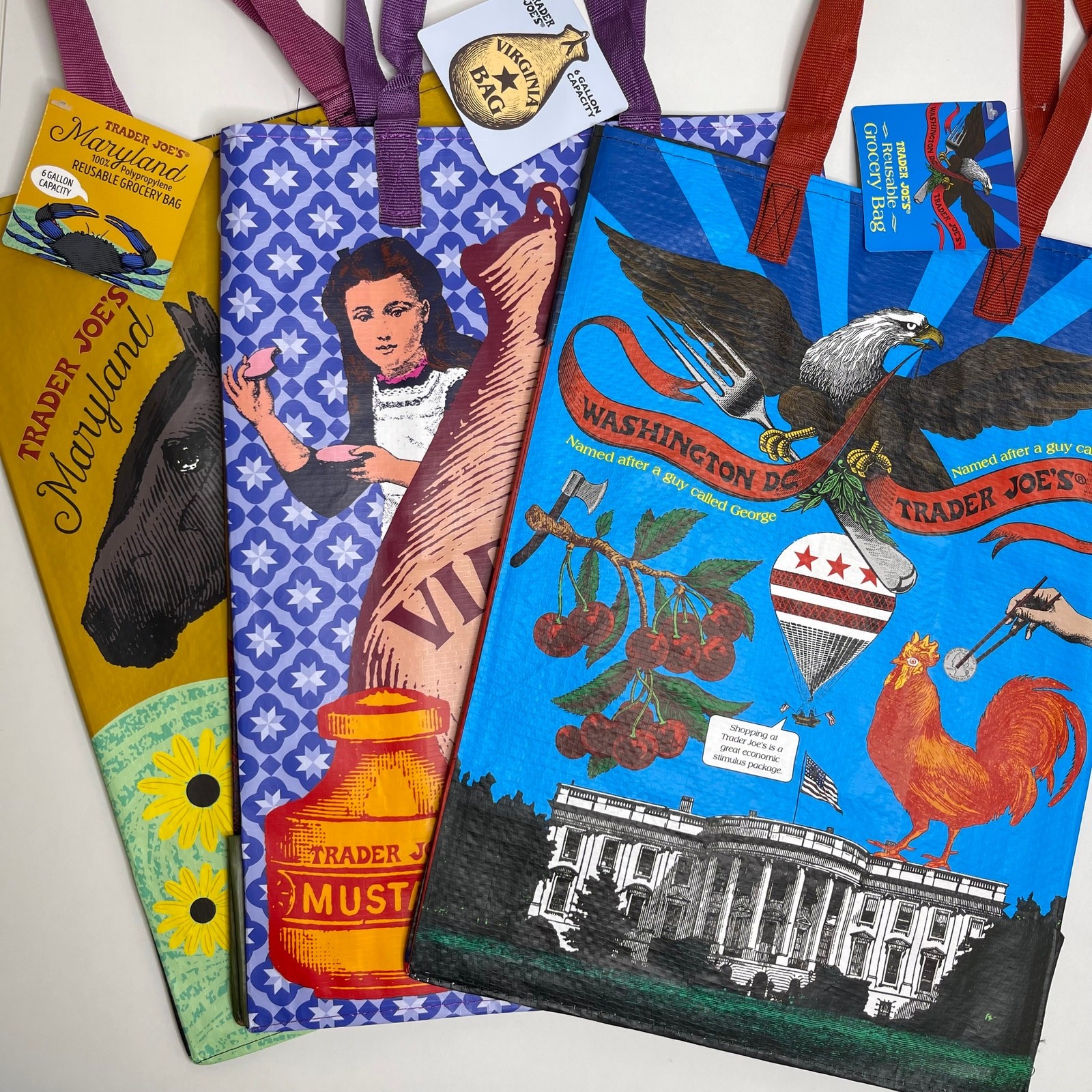 3 Trader Joe’s State Reusable Tote Bags DMV, Washington DC + MARYLAND + VIRGINIA