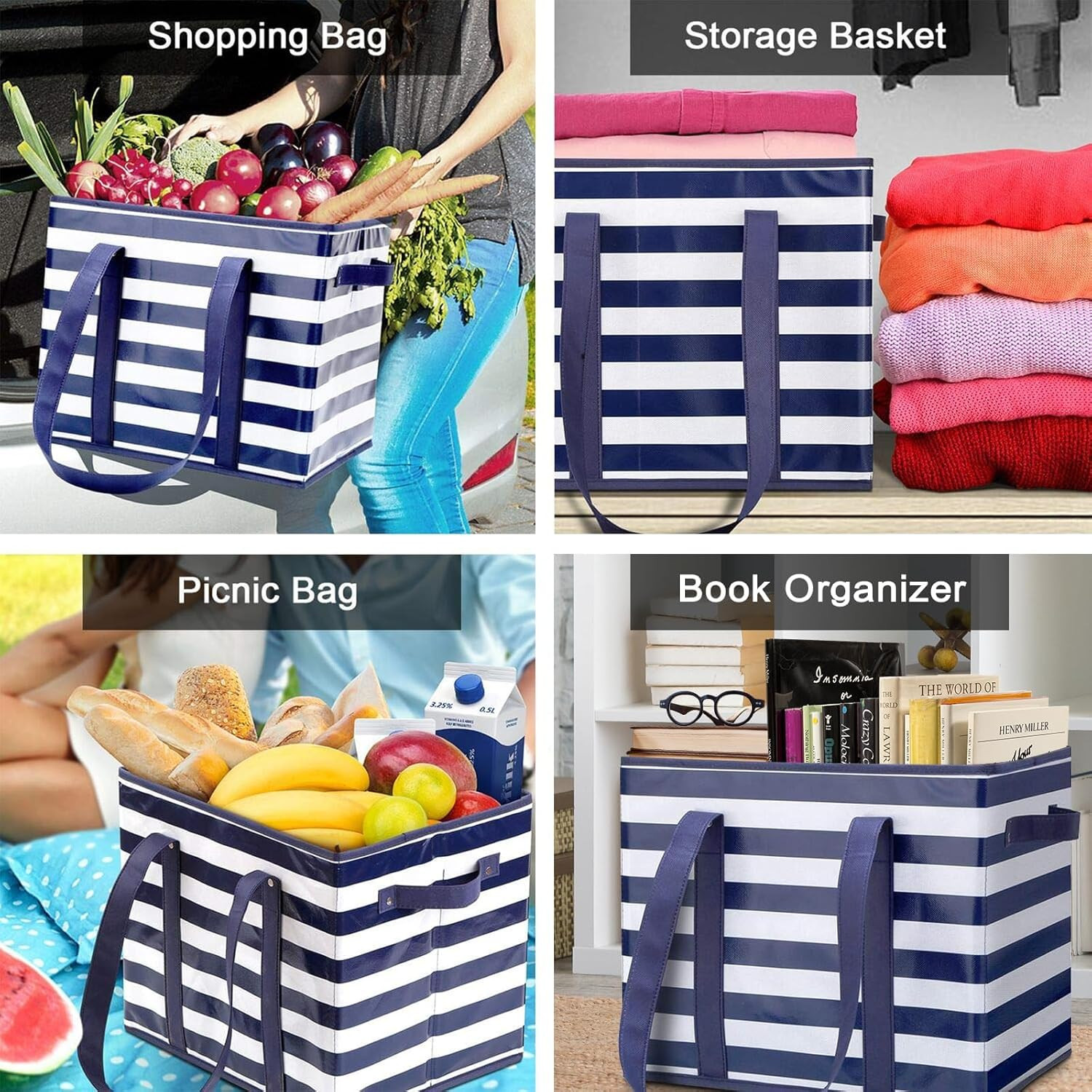 3 Pack Reusable Grocery Bags Large Collapsible Water Resistant Tote Shopping Bag