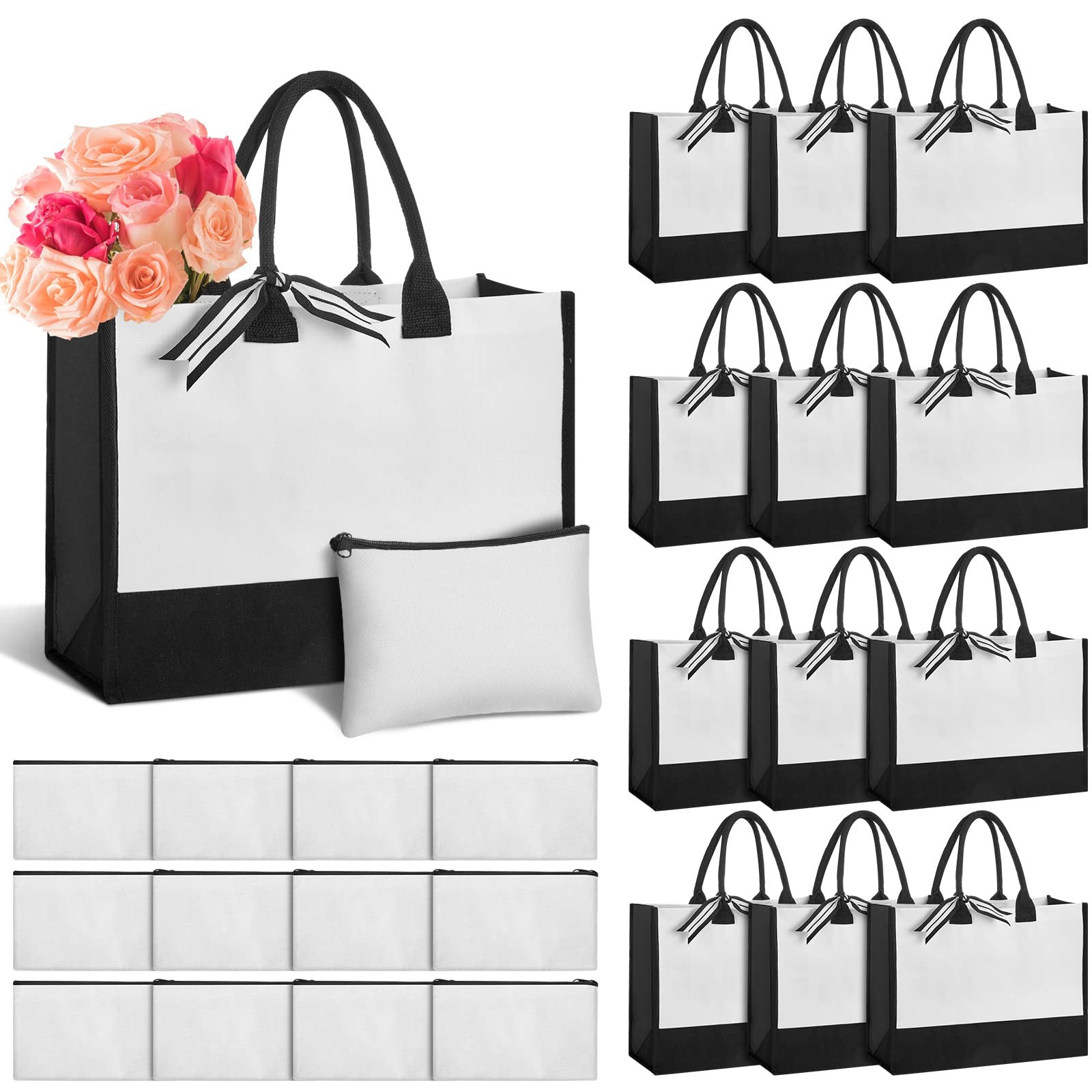 Yahenda 24 Pcs Beach Canvas Tote Bag with Canvas Set Blank Initial Makeup Reu…