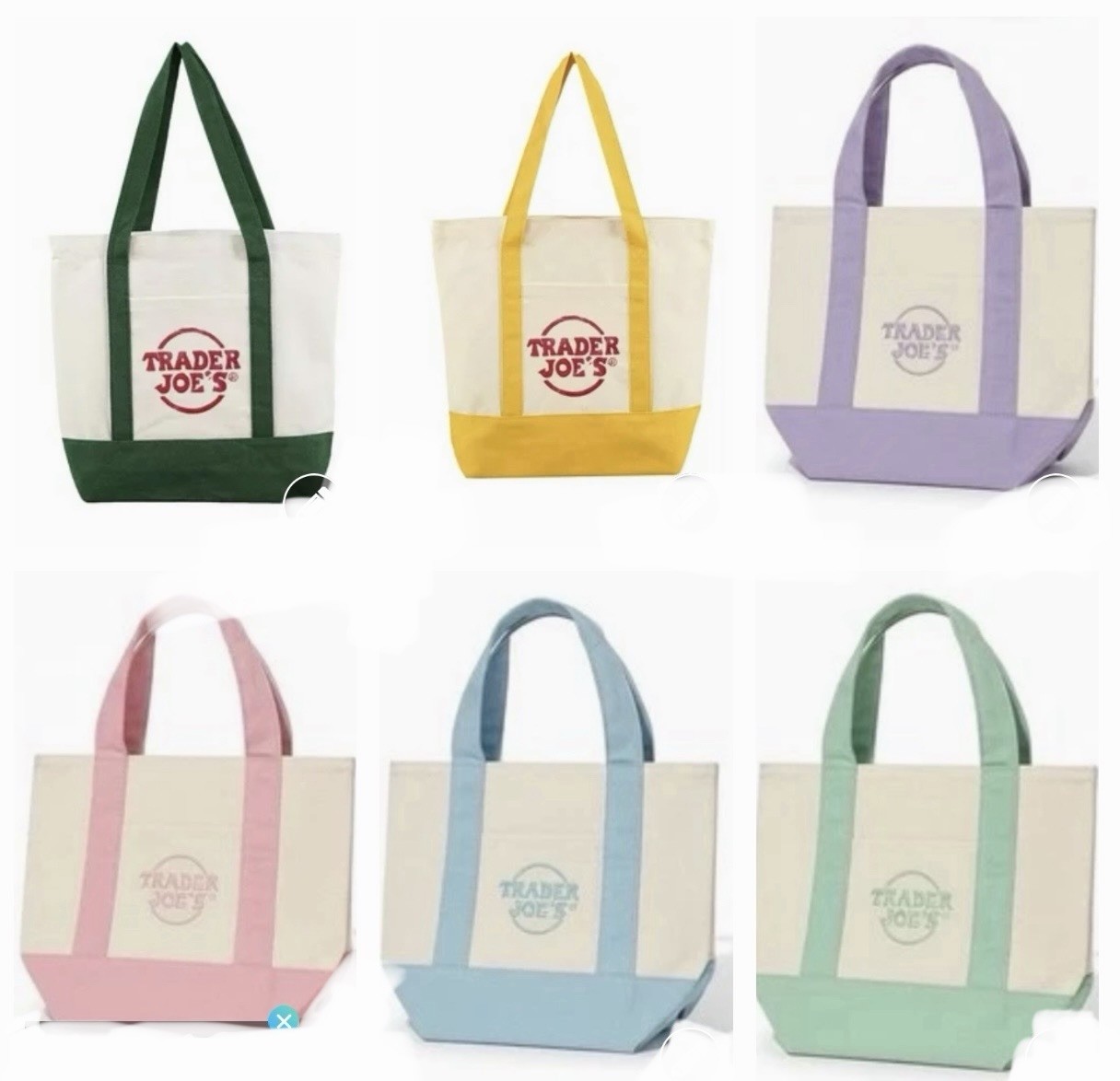 Trader Joe’s Mini Tote Bags Pink Blue Mint Purple Dark Green Yellow Lot of 6