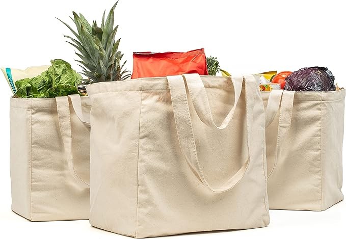Canvas Grocery Bag 3pc XL Set with Real Pockets, Long Shoulder Strap and Short