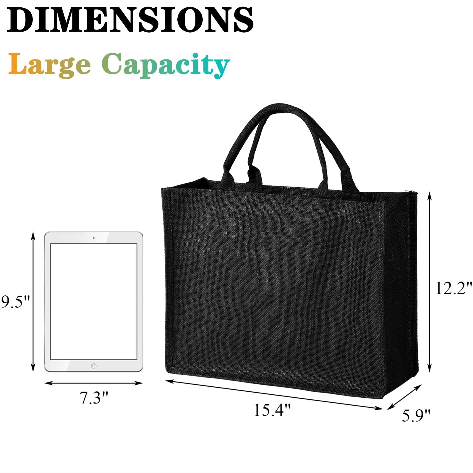 6 PCS Large Jute Burlap Tote Bag Black Laminated Interior 15.4×12.2×5.9 In