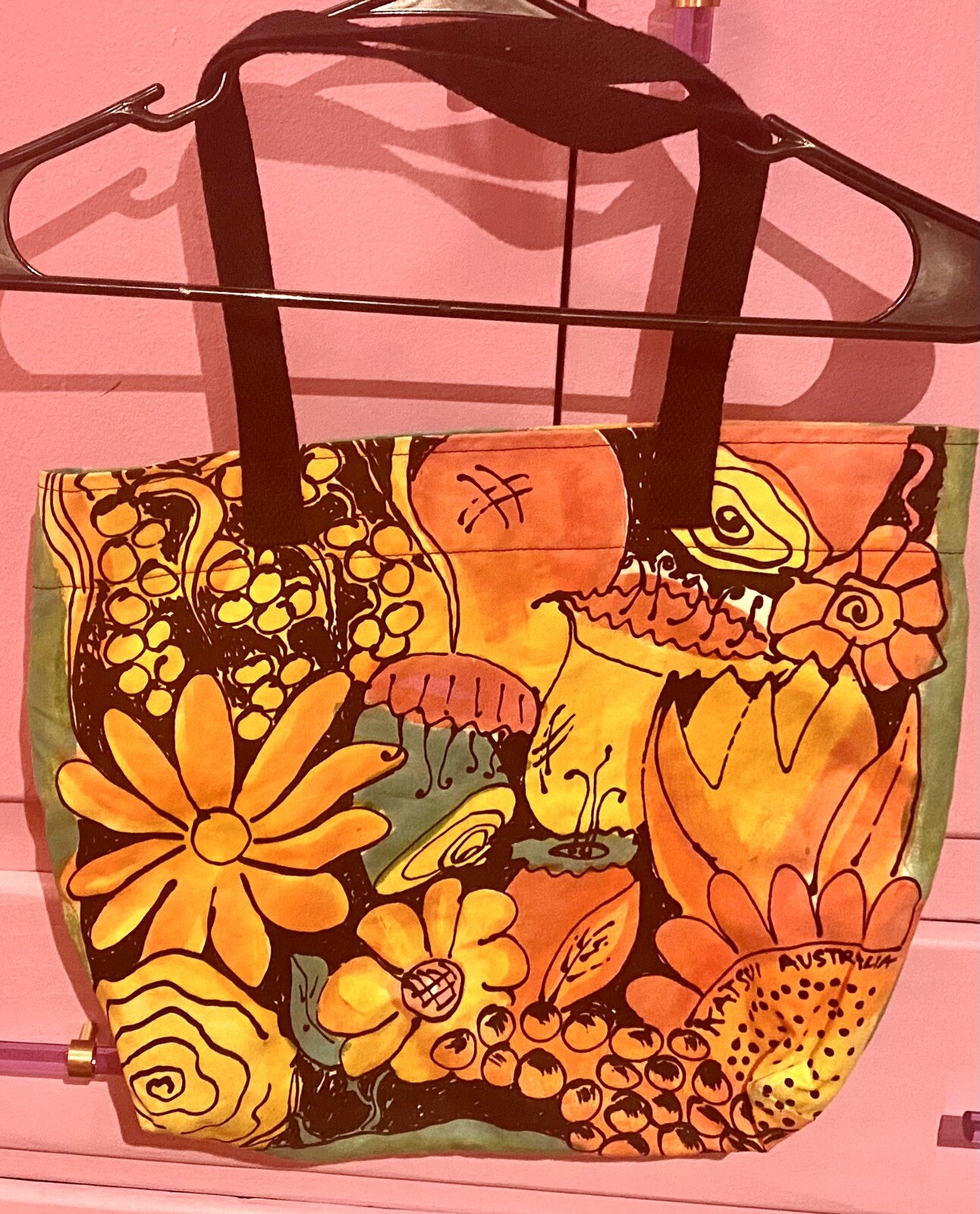 TOTE Signed KATSUi AUSTRALIA XL Canvas Reversible TROPICAL FLOWERS Zip EUC