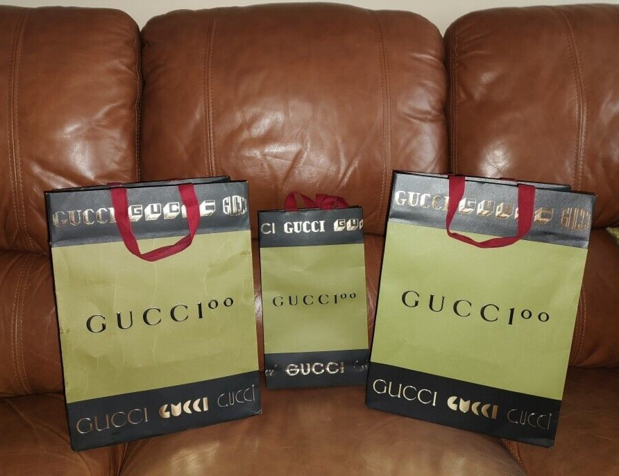 Lot of 3 Gently Used Gucci Authentic Paper Army Green Empty Shopping Gift Bags