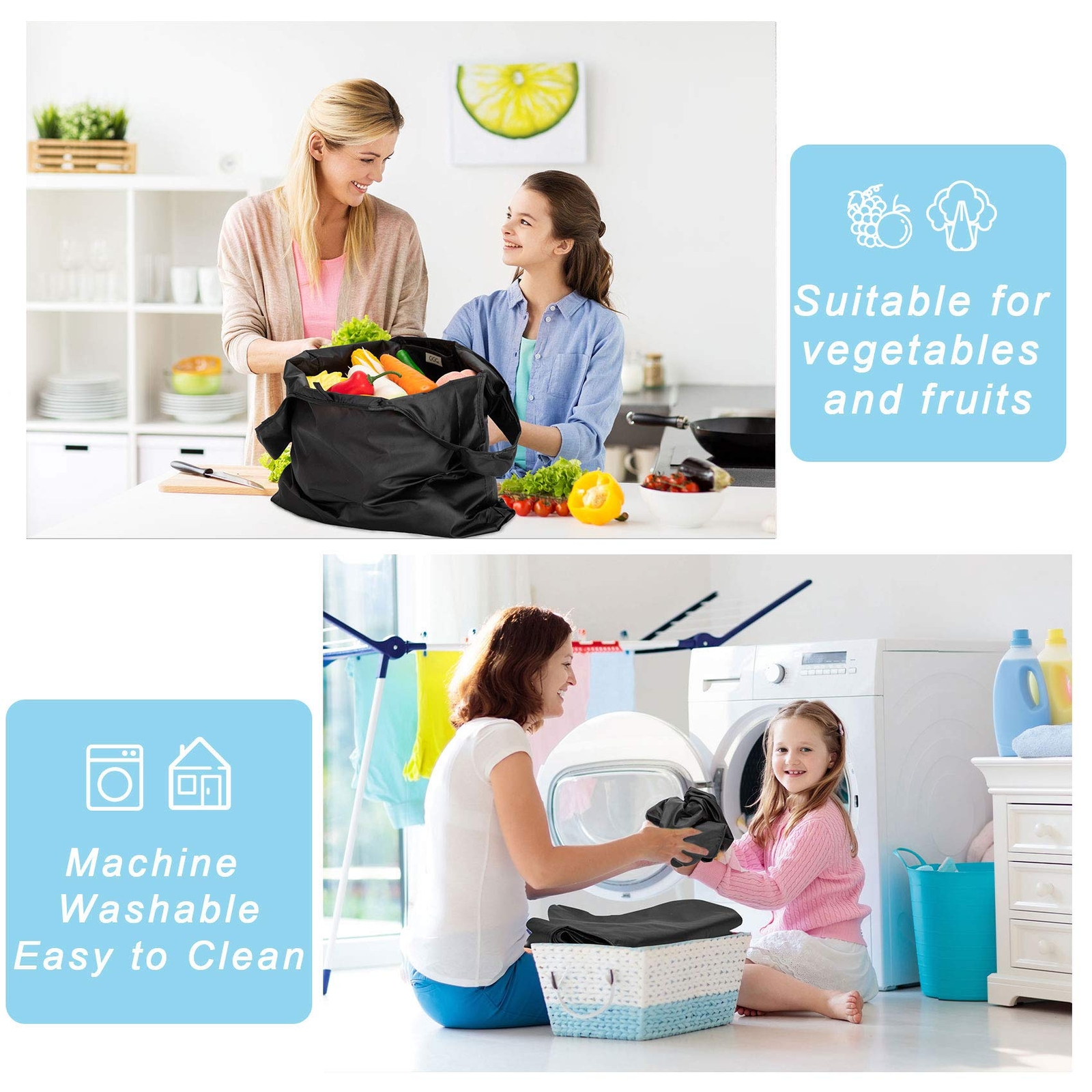 6 Pack Large Black Reusable Shopping Bags Washable Foldable Grocery Tote