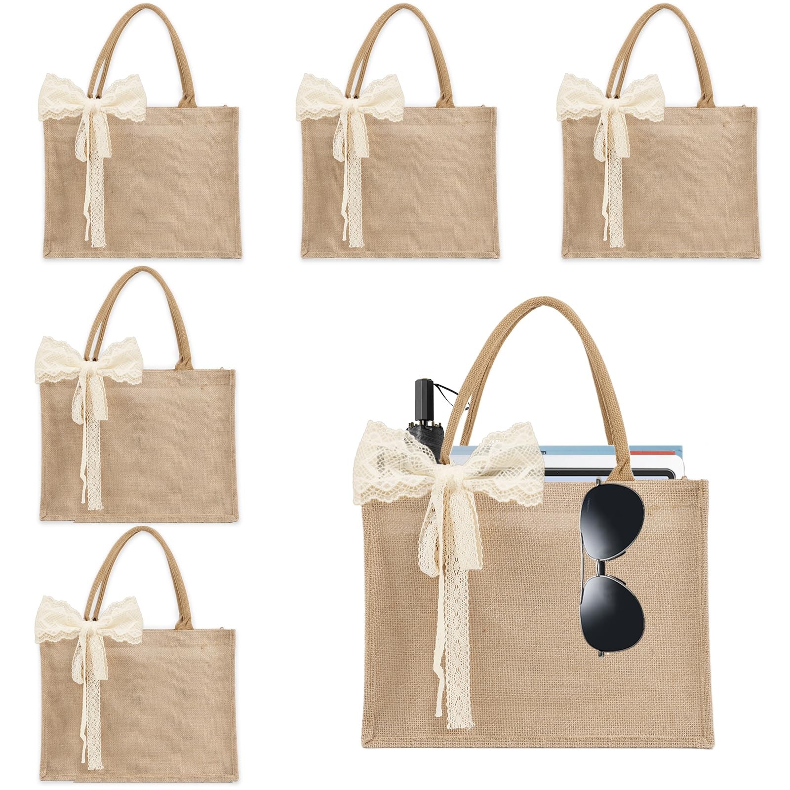 6 PCS Burlap Tote Bag Handle 15.35x6x12 Inch Waterproof Reusable Jute Grocery