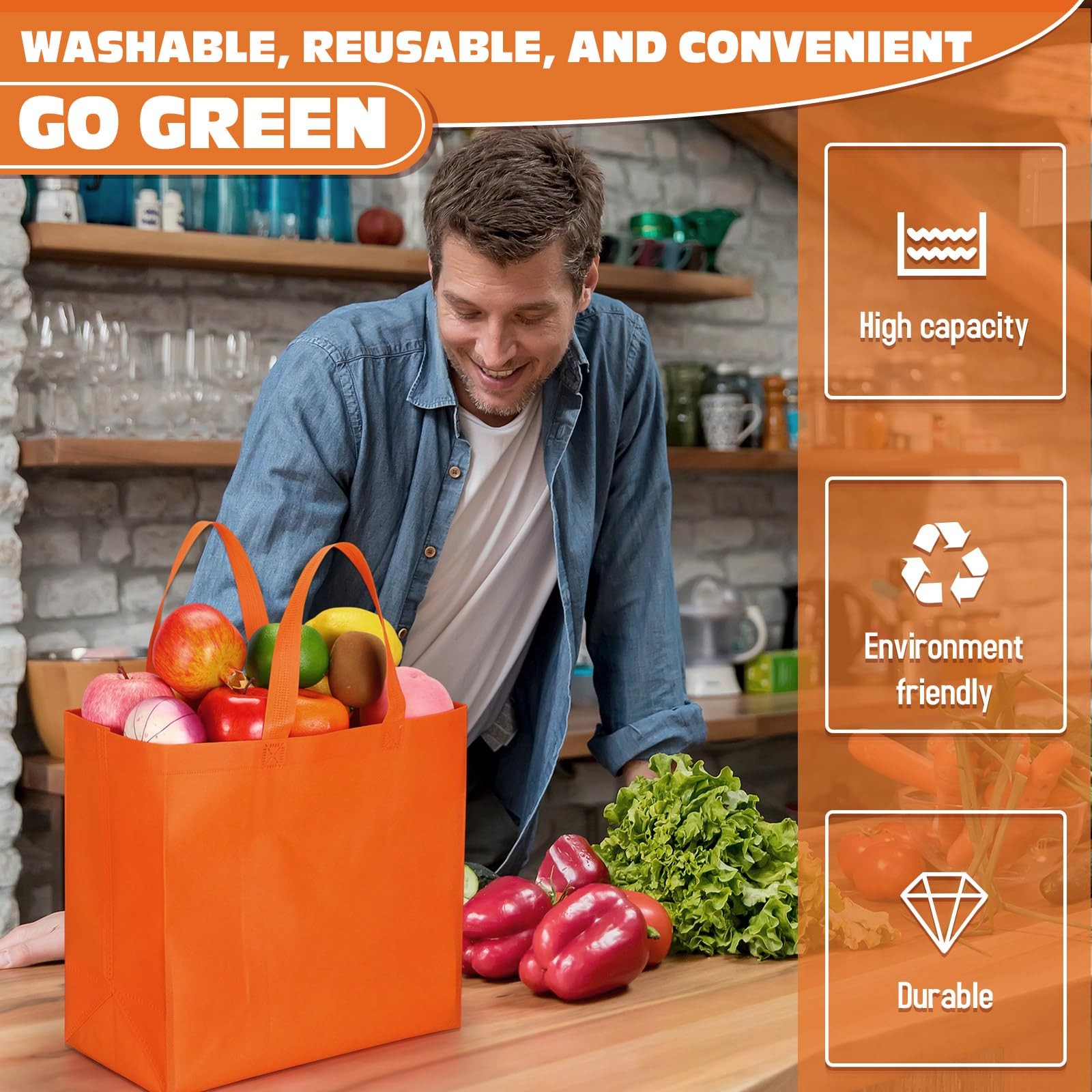 Reusable Grocery Bags Large Non Woven Shopping Tote Bulk 12.6×11.8×6.3 Inch