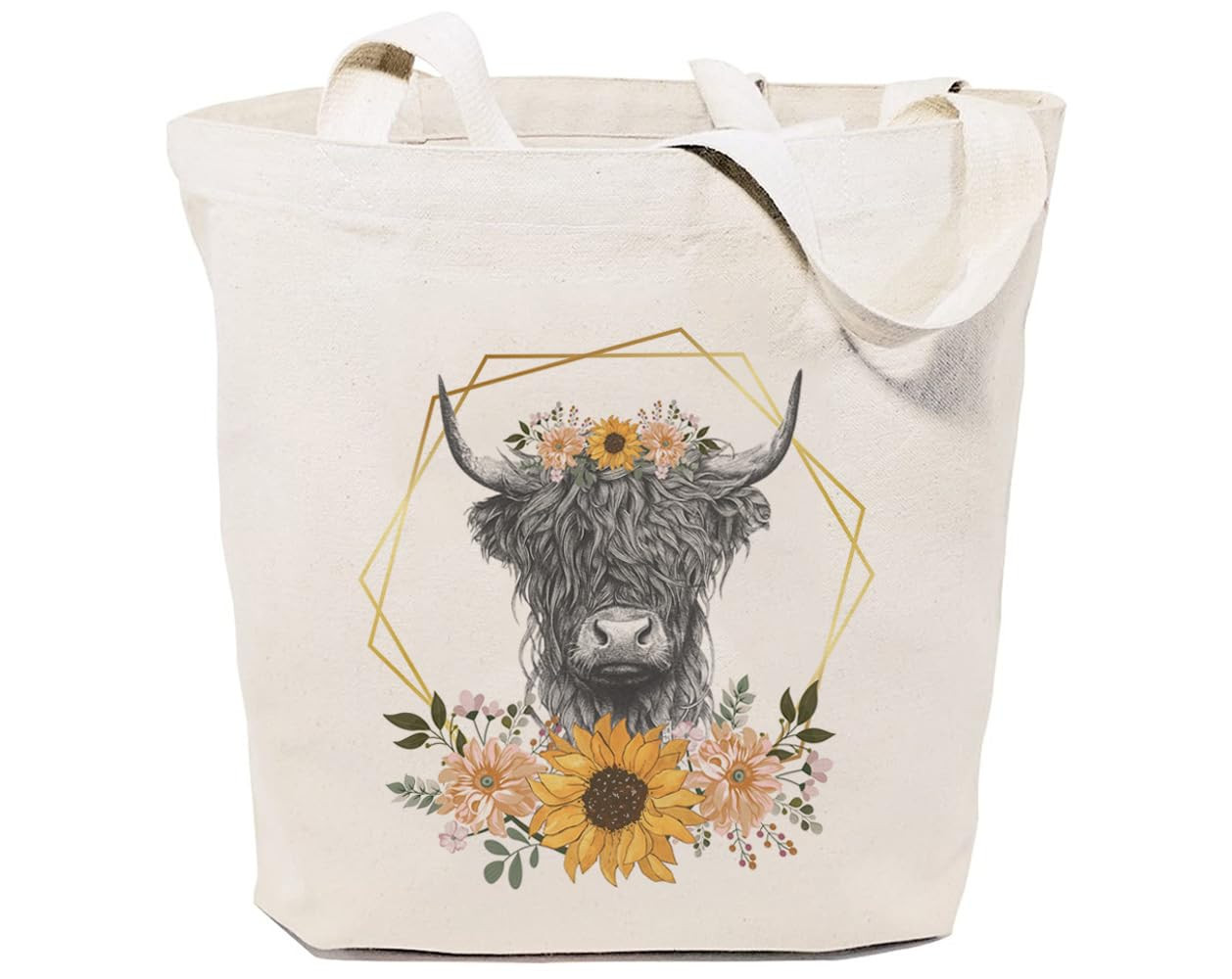 Highland Cow Canvas Tote Bag for Women Aesthetic Floral Reusable Grocery Shou…