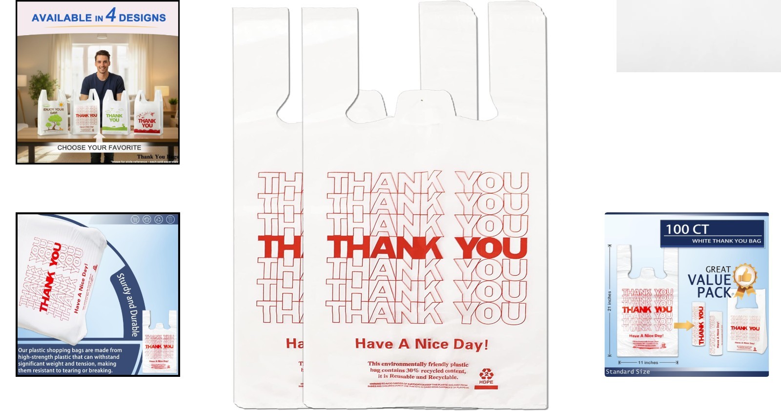 Bulk 100 White T-Shirt Bags – Reusable, Sturdy, Ideal for Retail Convenience
