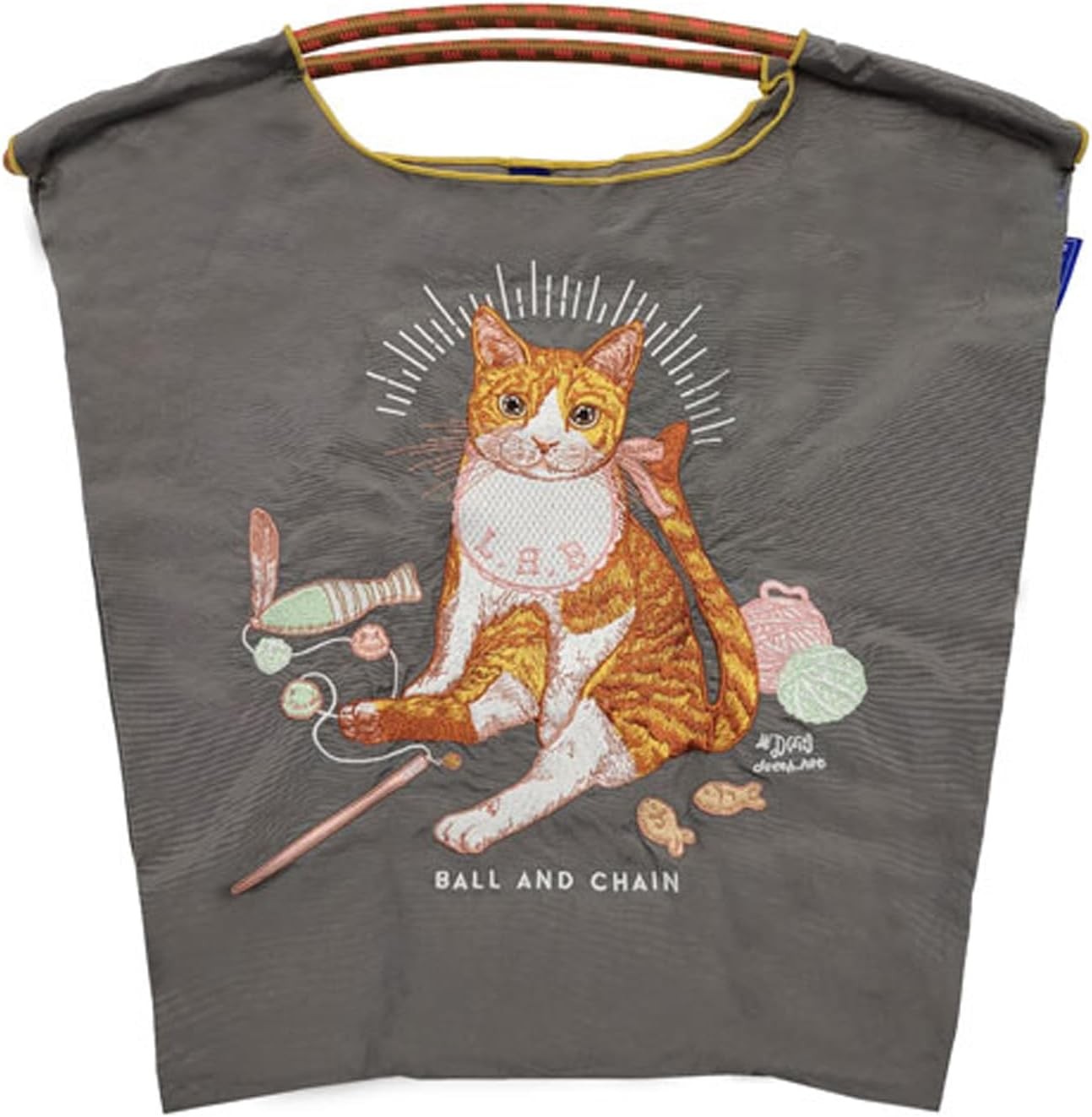 [US Tax Paid] Ball&Chain D.Baby Cat M Embroidered Reusable Shopping Bag Gray