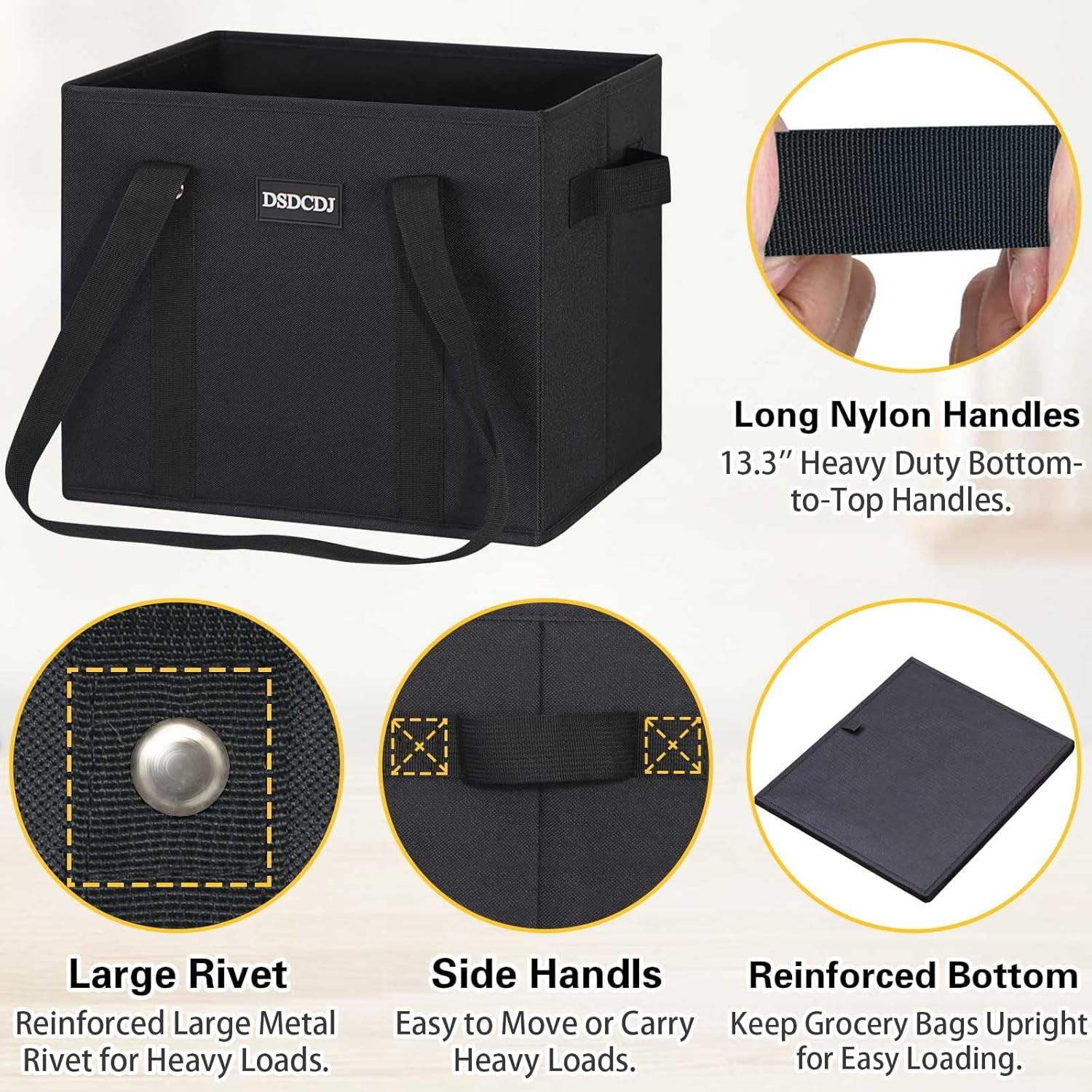 Heavy Duty Reusable Grocery Bags 3 Pack with Hard Bottom and Durable Handles
