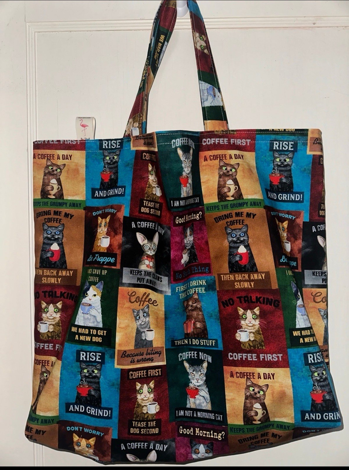 Kitty Cats And Coffee Handmade Washable Reversible Grocery And Tote Bag