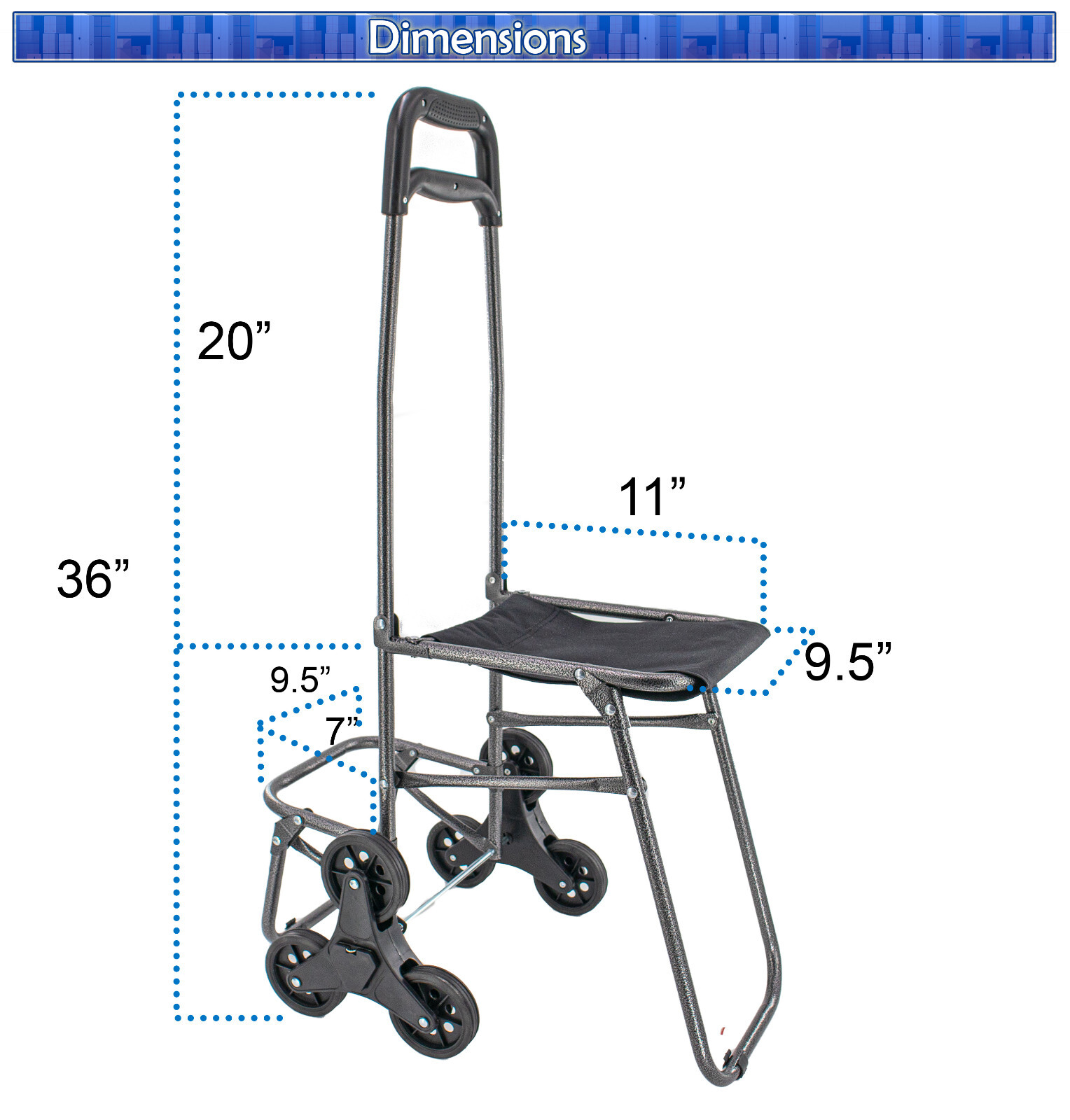 Foldable Stair Climbing Cart with Seat Tri Wheel Grocery Trolley Waterproof Bag