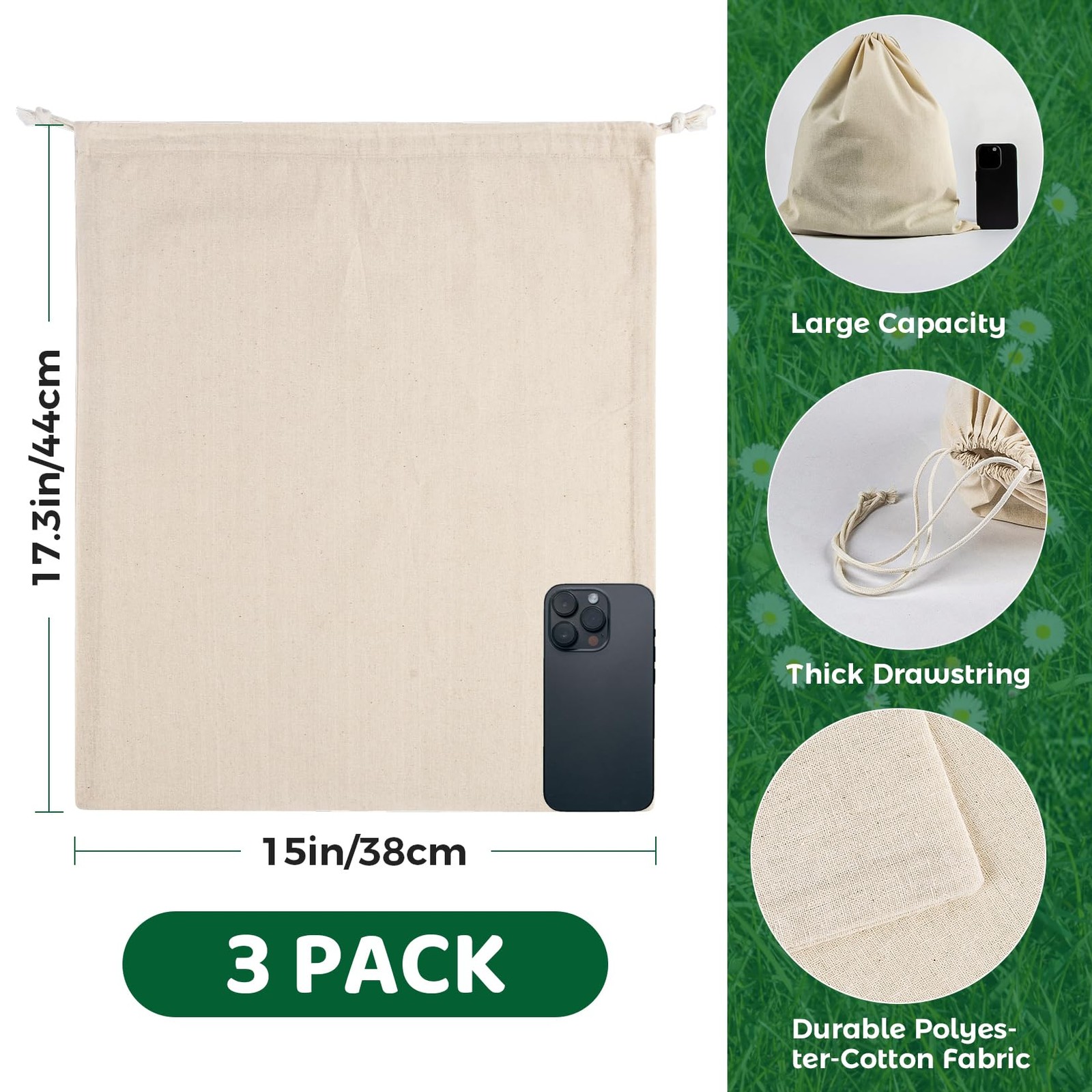 Cotton Storage Bags With Drawstrings – Rainflow 3 Pack 55.56 liters, white