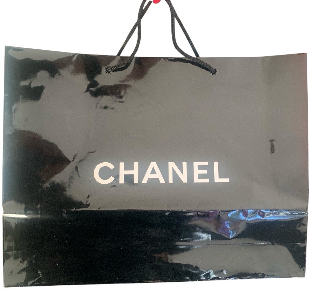 CHANEL Black Glossy Paper Shopping Bag w Black Cord Double Handles 17x13x4”